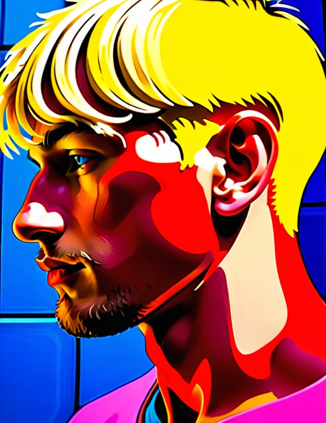 A gouache art style on a wall of a 23-year-old Dutch man with fair skin and short, tightly curled blonde hair, vibrant colors, warm colors, neon colors, close-up of his face, front view. (((intricate details))), (((best quality))), (((extreme detail quality))), (((complex composition))), in the style of Henri Matisse, David Hockney, Keith Haring.