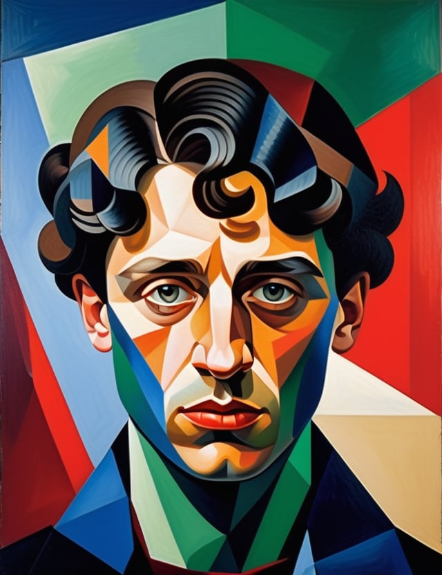 A close-up portrait of a 24-year-old Russian man with fair skin and short, curly black hair, serious expression, front view, in polygonal art style, using sharp geometric shapes and a palette of bold colors like dark red, deep blue, and vibrant green. Artists: Pablo Picasso, Viktor Vasarely, Jean Metzinger.