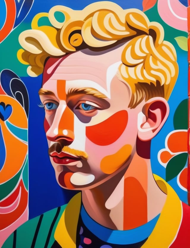 A gouache art style on a wall of a 23-year-old Dutch man with fair skin and short, tightly curled blonde hair, vibrant colors, warm colors, neon colors, close-up of his face, front view. (((intricate details))), (((best quality))), (((extreme detail quality))), (((complex composition))), in the style of Henri Matisse, David Hockney, Keith Haring.