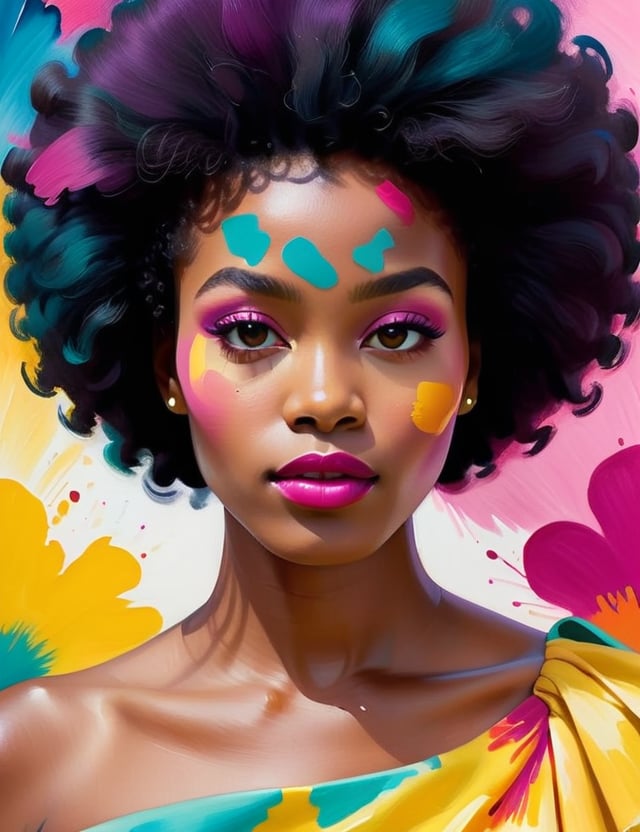 A close-up portrait of a beautiful 28-year-old Nigerian woman with caramel skin and black Afro hair, front view, in gouache style with an explosion of colors, using vibrant hues like magenta, turquoise, and bright yellow with smooth, creamy textures. Artists: Mary Blair, John Singer Sargent, Henri Matisse.