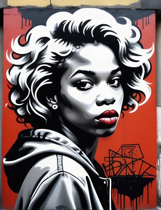 A black and white graffiti art style on a wall of a beautiful 15-year-old Russian girl with dark skin and short, curly blonde hair, thick lips, close-up of her face, front view. (((intricate details))), (((best quality))), (((extreme detail quality))), (((complex composition))), in the style of Banksy, Jean-Michel Basquiat, Shepard Fairey.