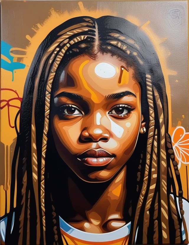  A graffiti art style on canvas of a beautiful 14-year-old Nigerian girl with caramel skin tone and long, straight hair, close-up of her face, front view. (((intricate details))), (((best quality))), (((extreme detail quality))), (((complex composition))), in the style of Banksy, Jean-Michel Basquiat, Shepard Fairey.

