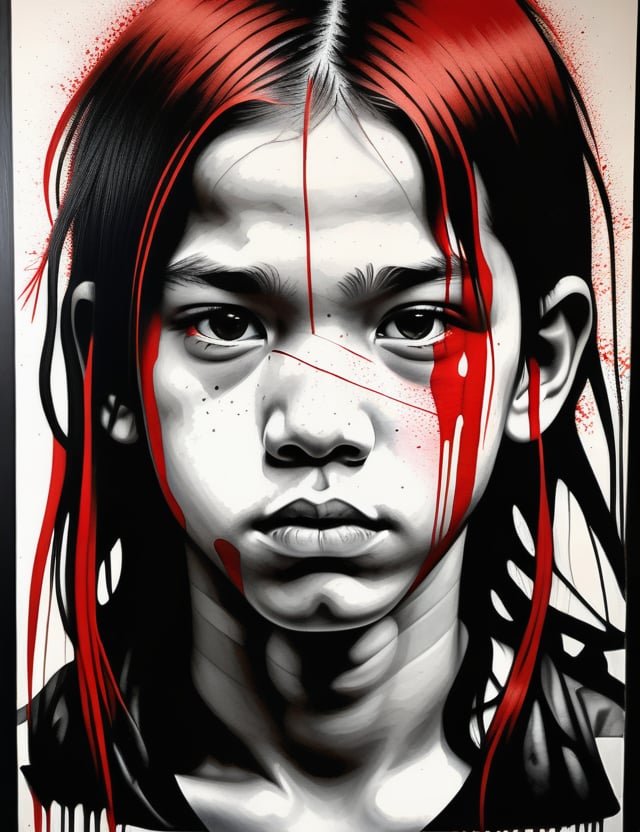  A graphite art style on a wall of a 13-year-old French boy with long, straight hair with red streaks, close-up of his face, front view. (((intricate details))), (((best quality))), (((extreme detail quality))), (((complex composition))), in the style of David Choe, Dan Witz, Vhils.