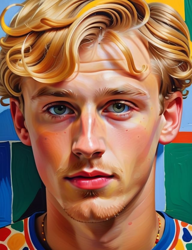 A gouache art style on a wall of a 23-year-old Dutch man with fair skin and short, tightly curled blonde hair, vibrant colors, warm colors, neon colors, close-up of his face, front view. (((intricate details))), (((best quality))), (((extreme detail quality))), (((complex composition))), in the style of Henri Matisse, David Hockney, Keith Haring.