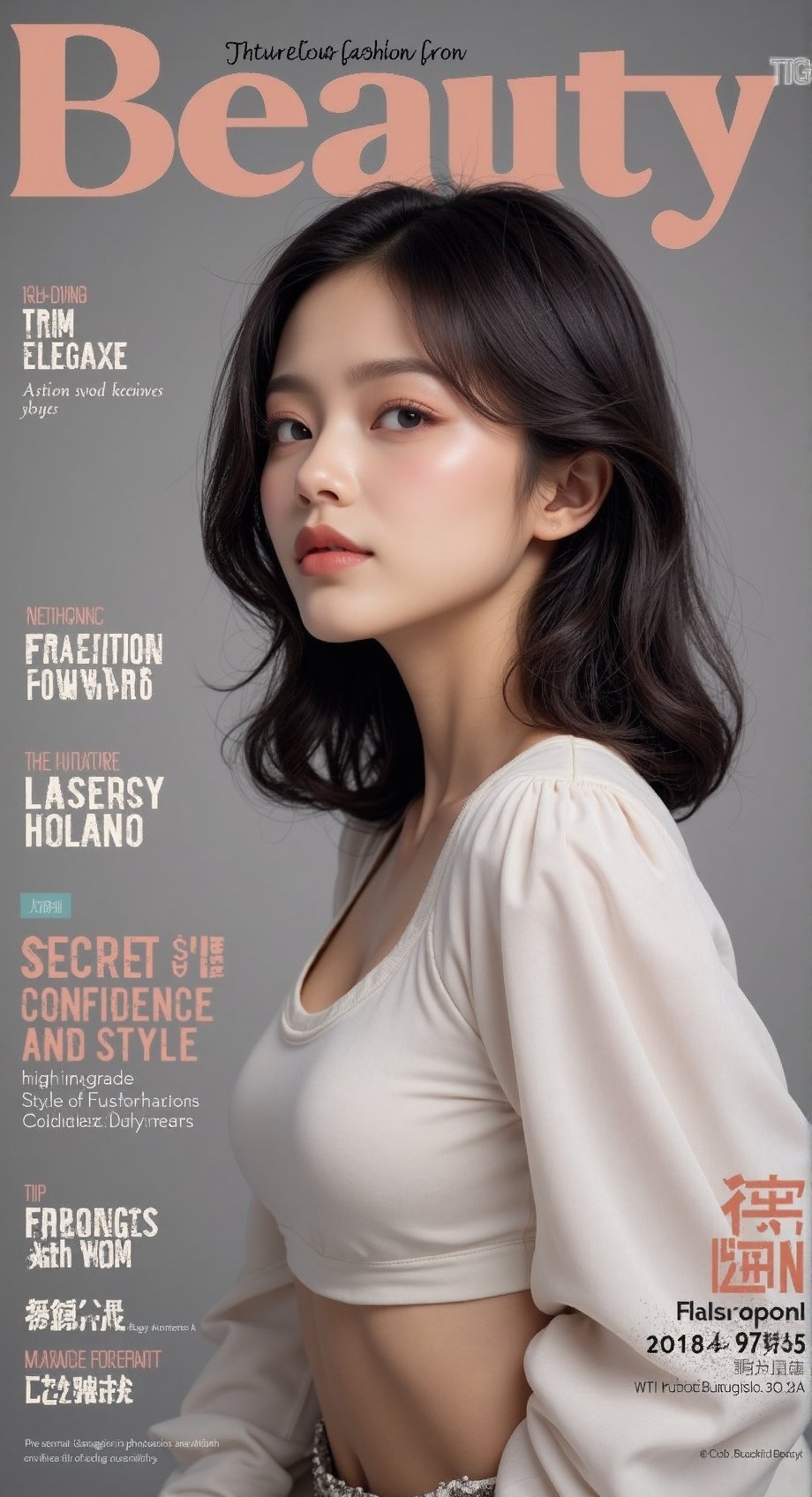 A high-fashion magazine cover featuring a close-up, upper-body shot of a beautiful Japanese female model with an enhanced bust size, confidently posing with elegance. Her sharp yet graceful facial features are highlighted, and she wears a stylish, modern outfit that accentuates her figure while maintaining a sophisticated and polished look. The background is a neutral gray with professional, magazine-quality lighting that enhances her photorealistic skin texture.

Across the cover, bold and stylish magazine text is displayed, including the title in elegant font: **"FuturEvoLab Beauty"** at the top. Other headlines include:
- **"Fashion Forward: The Future of Elegance"**
- **"Secrets to Confidence and Style"**
- **"Model of the Year: Embracing Allure and Power"**

The overall composition combines high-end fashion photography with captivating headlines that frame the model’s pose, drawing attention to her beauty and presence. The cover reflects sophistication, confidence, and modern fashion, with the FuturEvoLabBeautify aesthetic enhancing the visual impact.