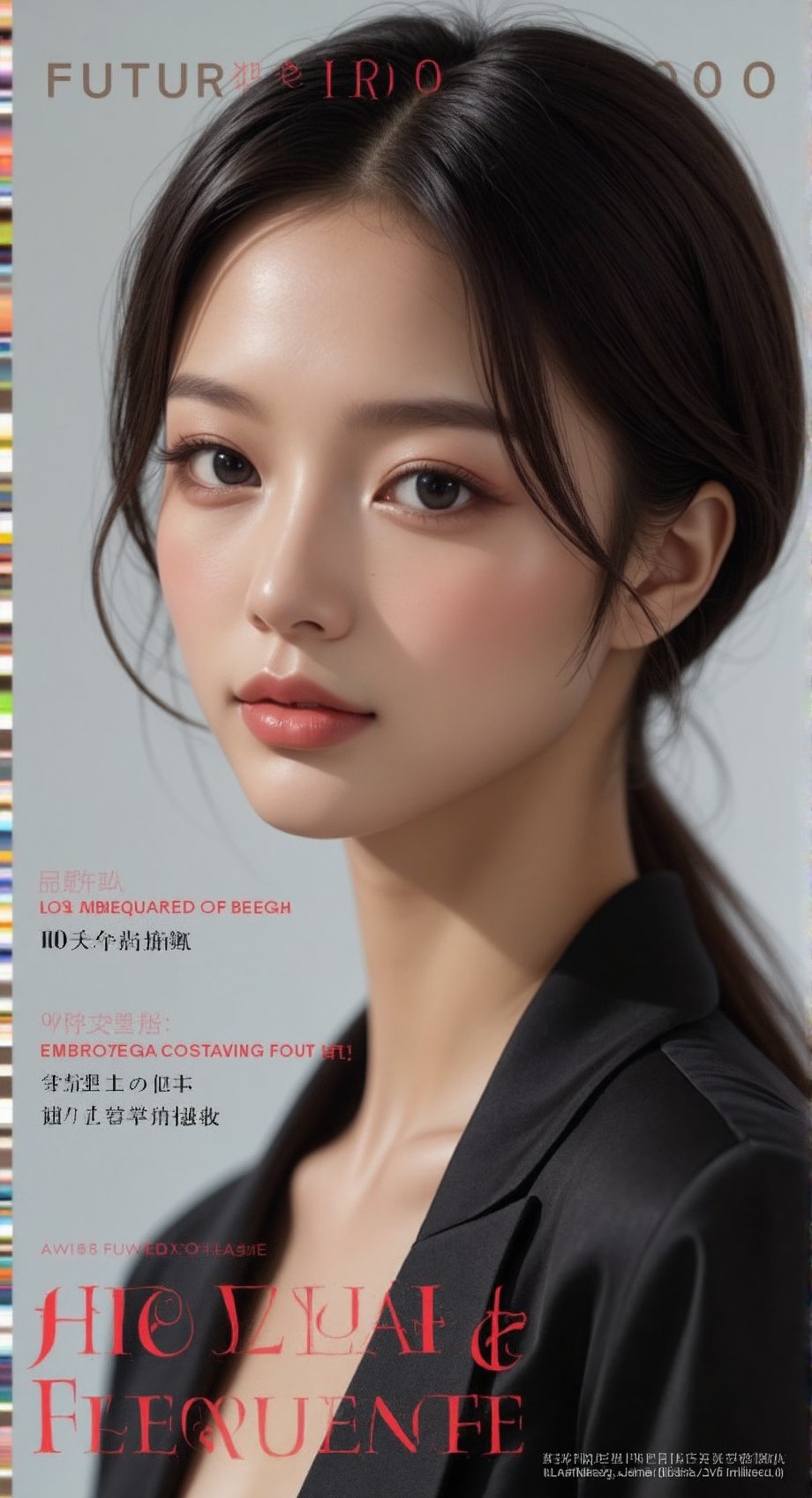 A high-fashion magazine cover featuring a close-up, sfw, upper-body shot of a beautiful Japanese female model with an enhanced bust size, confidently posing with elegance. Her sharp yet graceful facial features are highlighted, and she wears a stylish, modern outfit that accentuates her figure while maintaining a sophisticated and polished look. The background is a neutral gray with professional, magazine-quality lighting that enhances her photorealistic skin texture.

Across the cover, bold and stylish magazine text is displayed, including the title in elegant font: **"FuturEvoLab Beauty"** at the top. Other headlines include:
- **"Fashion Forward: The Future of Elegance"**
- **"Secrets to Confidence and Style"**
- **"Model of the Year: Embracing Allure and Power"**

The overall composition combines high-end fashion photography with captivating headlines that frame the model’s pose, drawing attention to her beauty and presence. The cover reflects sophistication, confidence, and modern fashion, with the FuturEvoLabBeautify aesthetic enhancing the visual impact.