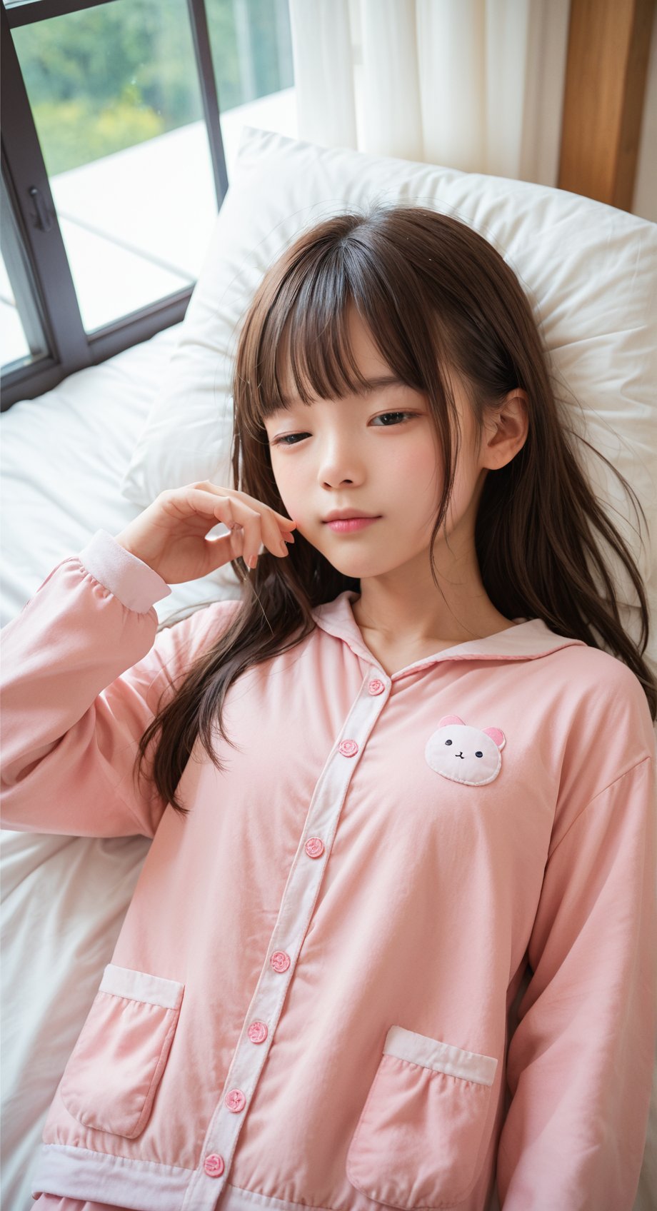 Score_9, Score_8_up, Score_7_up, 1 girl, walking alone, young girl,, looking at the viewer, upper body, (long hair, brunette, bangs:1.3), (closed eyes and fell asleep:1.3),,, pink pajamas, lying down, indoor, window, bed, bedroom background, view from above