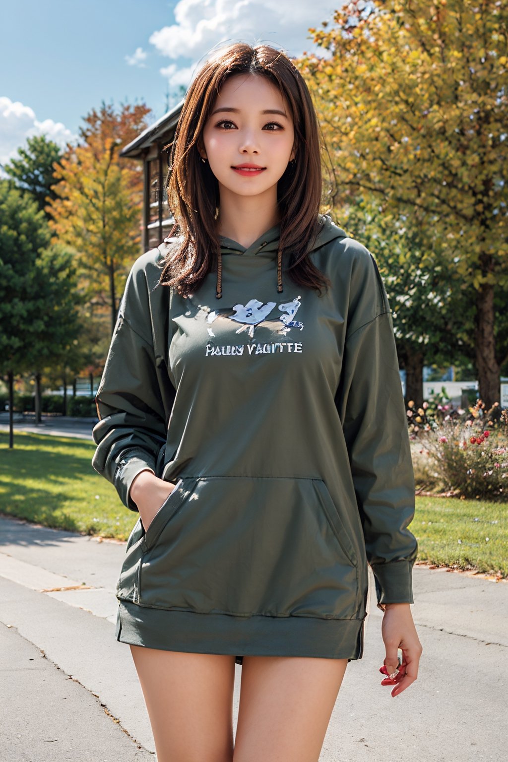 Nsfw,sexy,girl ,Koran ,light White hair ,brown eyes,realistic ,8k,wearing hoodie ,makeup,oversized shirt, tzuyu
girls, 8K, best quality, masterpiece, smile, real skin:1.1, shinny hair, shiny skin, bright_face, smile face, The theme words are autumn, clouds, foliage, and sunshine, The background should depict the breathtaking beauty of a fantastical autumn, encompassing the grandeur and magnificence of nature, The clothing represents a variety of fashion styles, including casual and dresses, with a range of colors that complement the autumn season.,High detailed, niagara parks background