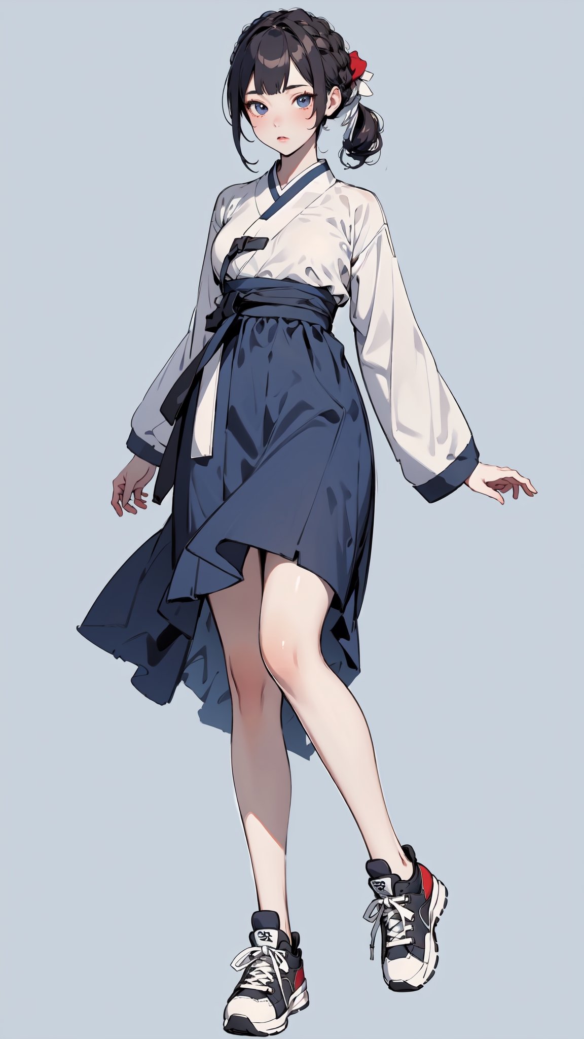 ((masterpiece, high quality, best quality, 8k, fine lineart, highly detailed, absurdres)),1girl, solo, full-body, sneakers,bare legs, tiny_breasts, niji, simple_background,AS,hanbok