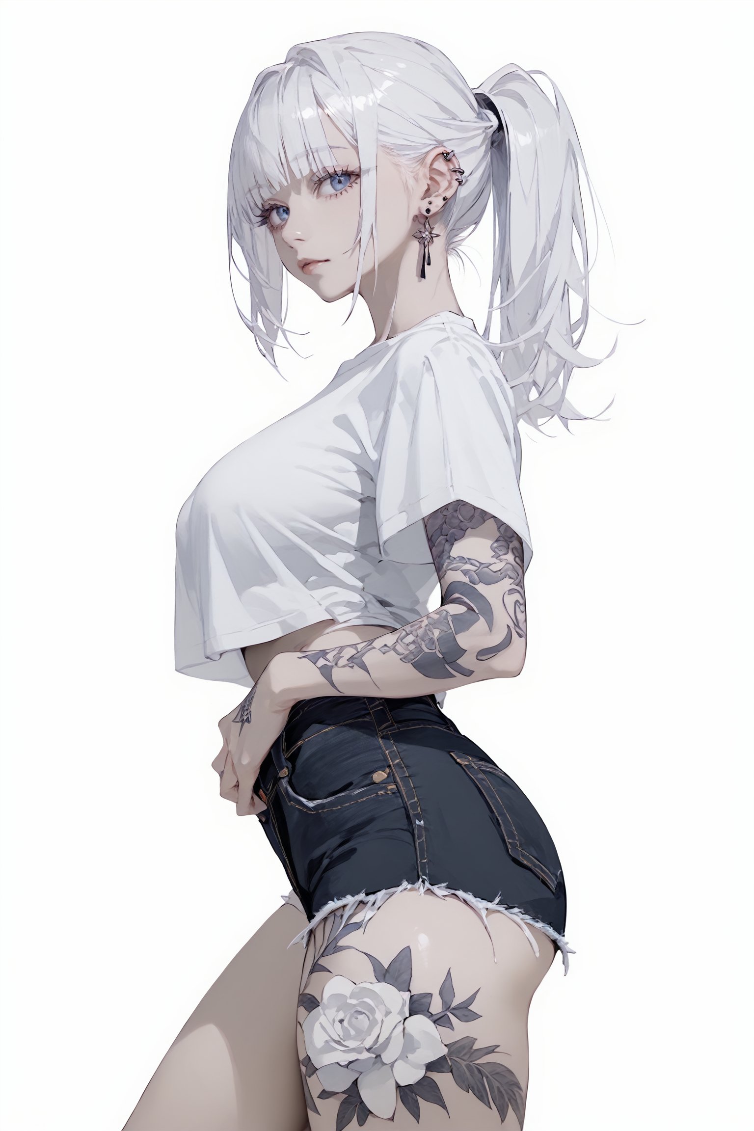 score_9, score_8_up, score_7_up, score_6_up,
, 
1girl, bangs, blue eyes, large breasts, simple background, white background, white shirt, white hair, short sleeves, thighs, cowboy shot, earrings, ponytail_hair, from side, short shorts, tattoo, denim shorts, ear piercing, arm tattoo, leg tattoo, flower tattoo,looking at viewer