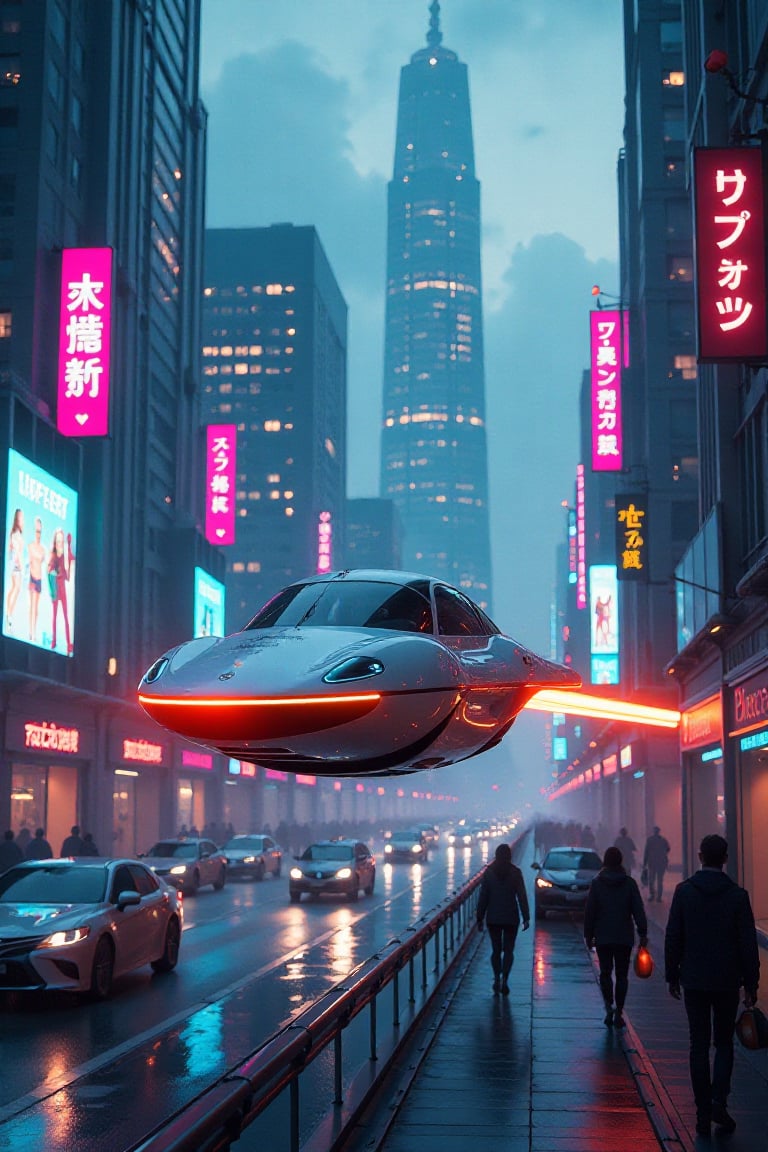 A dynamic, futuristic urban landscape featuring a bustling cityscape with sleek, hovering vehicles zipping through the air. The composition is wide, capturing the towering skyscrapers, neon lights, and advanced infrastructure. The vehicles are depicted in various shapes and sizes, with glowing lights and smooth, aerodynamic designs. The lighting is vibrant and electric, with neon hues reflecting off the glass and metal surfaces, creating a sense of energy and innovation. The background includes busy streets, pedestrians, and holographic advertisements, all contributing to the high-tech, bustling atmosphere. The overall mood is energetic and forward-thinking, capturing the essence of a cutting-edge, futuristic city.