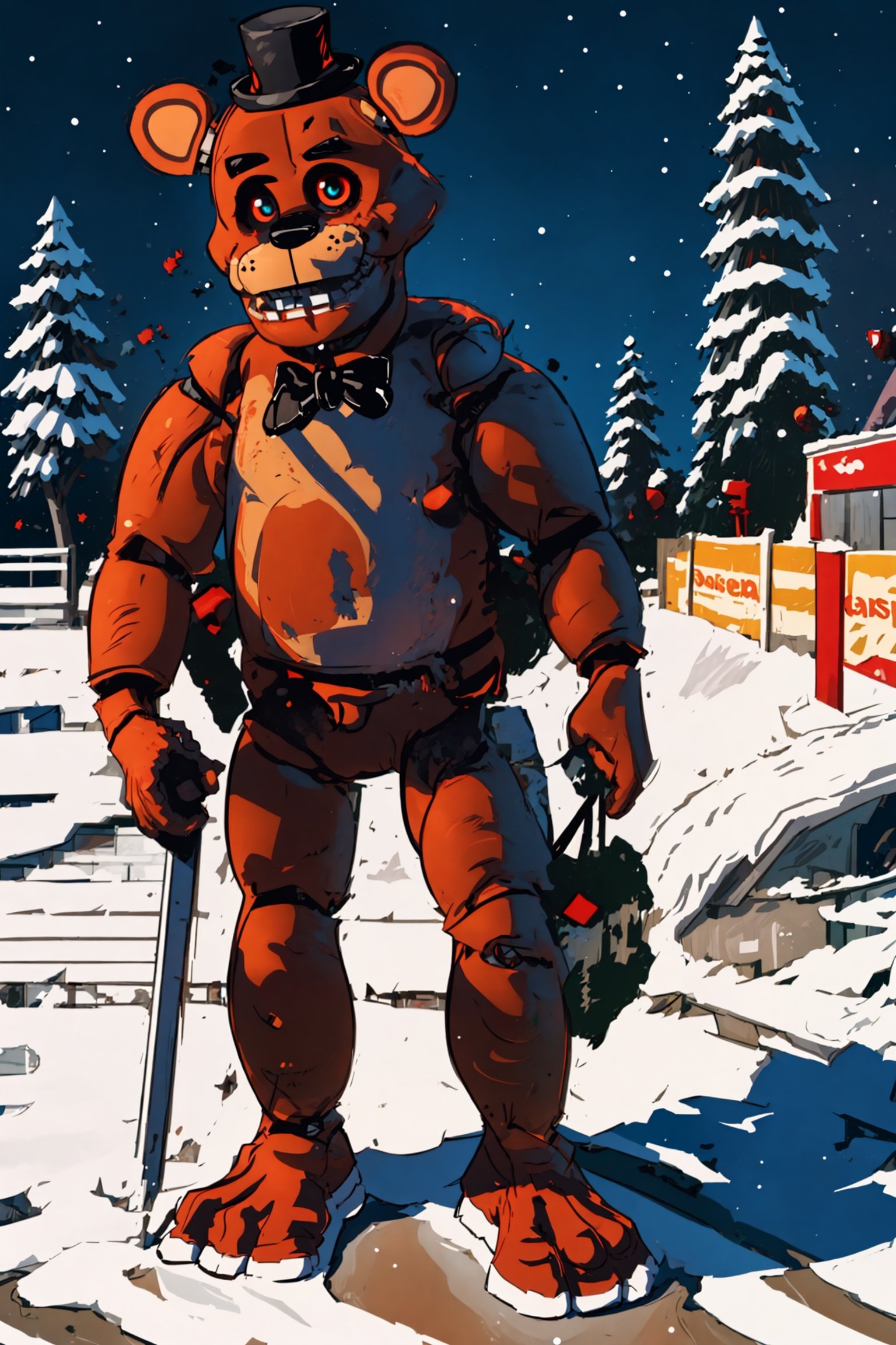 4K UHD illustration, upscaled professional drawing HDR,  detailed Funtime Freddy FNAF chracter,  full body image,  deressed in tattered Santa costume (:1.9) action pose,  looking away from viewer,  detailed santa hat (:1.9) intense red glowing eyes (:1.9) dirty santa beard (:1.9) intricately-detailed abandoned snowy carpark background,  dark eerie theme,  300dpi,  upscaled,  masterpiece (:1.6) centered,  dynamic,  vivid,  sharp-focus 
funfreddy,freddy,sexysanta