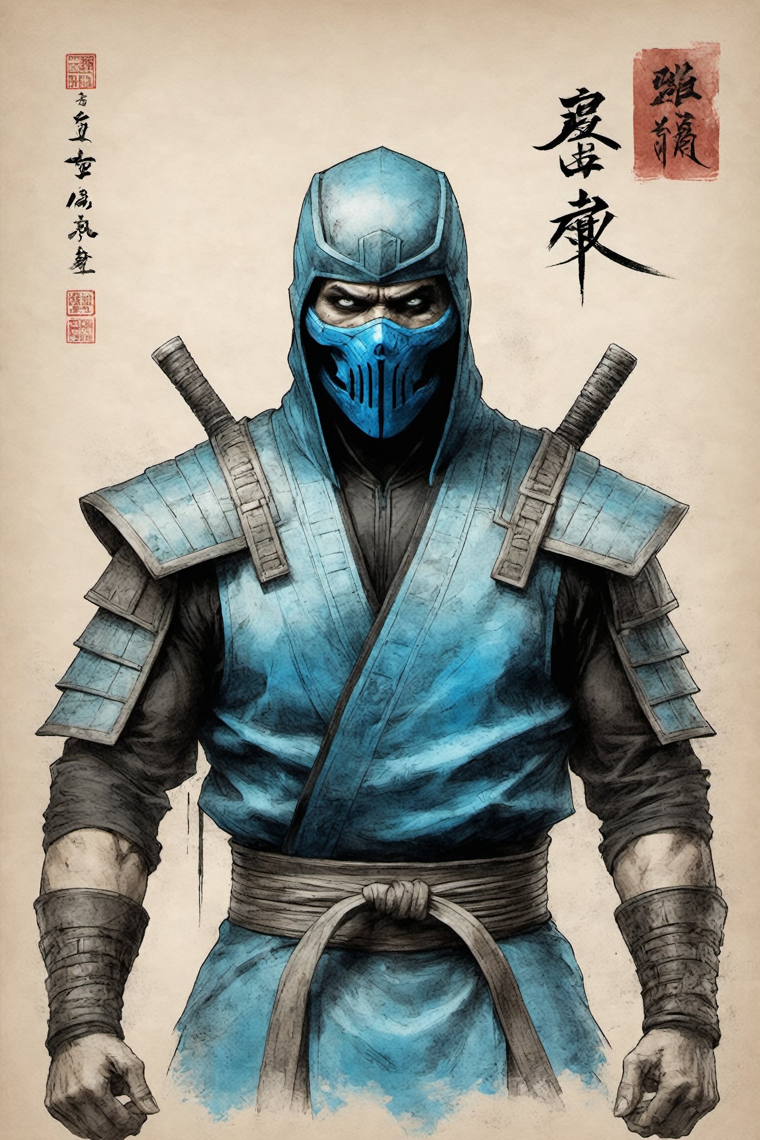 vintage sketch, Sub-Zero Mortal Kombat character design colorful art by Jeremy Mann and Carne Griffith,on parchment,ink illustration, cyborg themed armour (:1.9) ice background, traditional Japanese calligraphy (:1.9) ink style, 300dpi,  upscaled 8K, masterpiece, finest quality art, 300dpi, upscaled 8K, masterpiece, finest quality art, Japanese traditional dackdrop (:1.9) skull themed blue ninja mask (:1.1) ice emanating from hands 