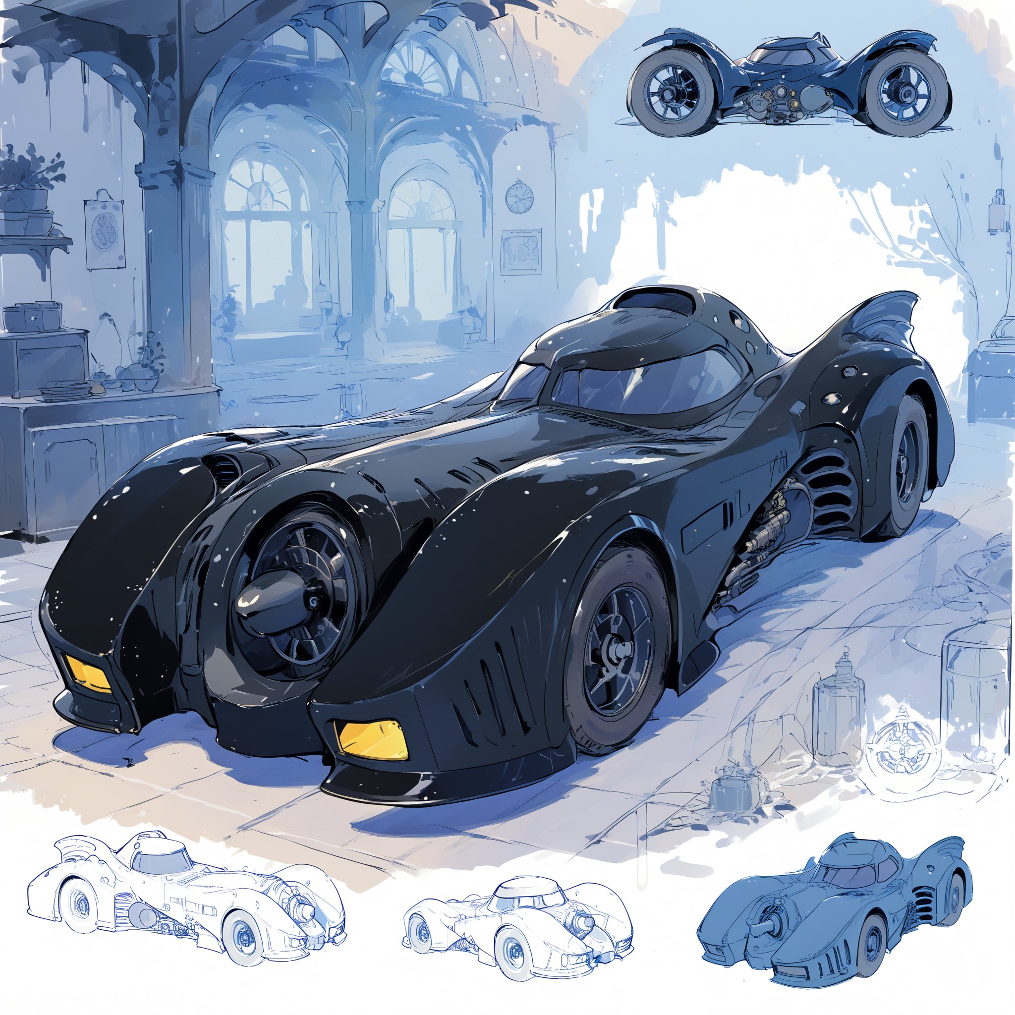 full colour illustration (:1.9) a blueprint sketch custom concept vehicle 1900s batmobile (:1.9) solo, lowered with a wide style bodykit (:1.8) large wheels (:1.9) dynamic position, tech style drawing (:1.9) tinted windows, large exhaust (:1.9) masterpiece, best quality, aesthetic, perfect illustration, focus on detailed cross section blueprint 