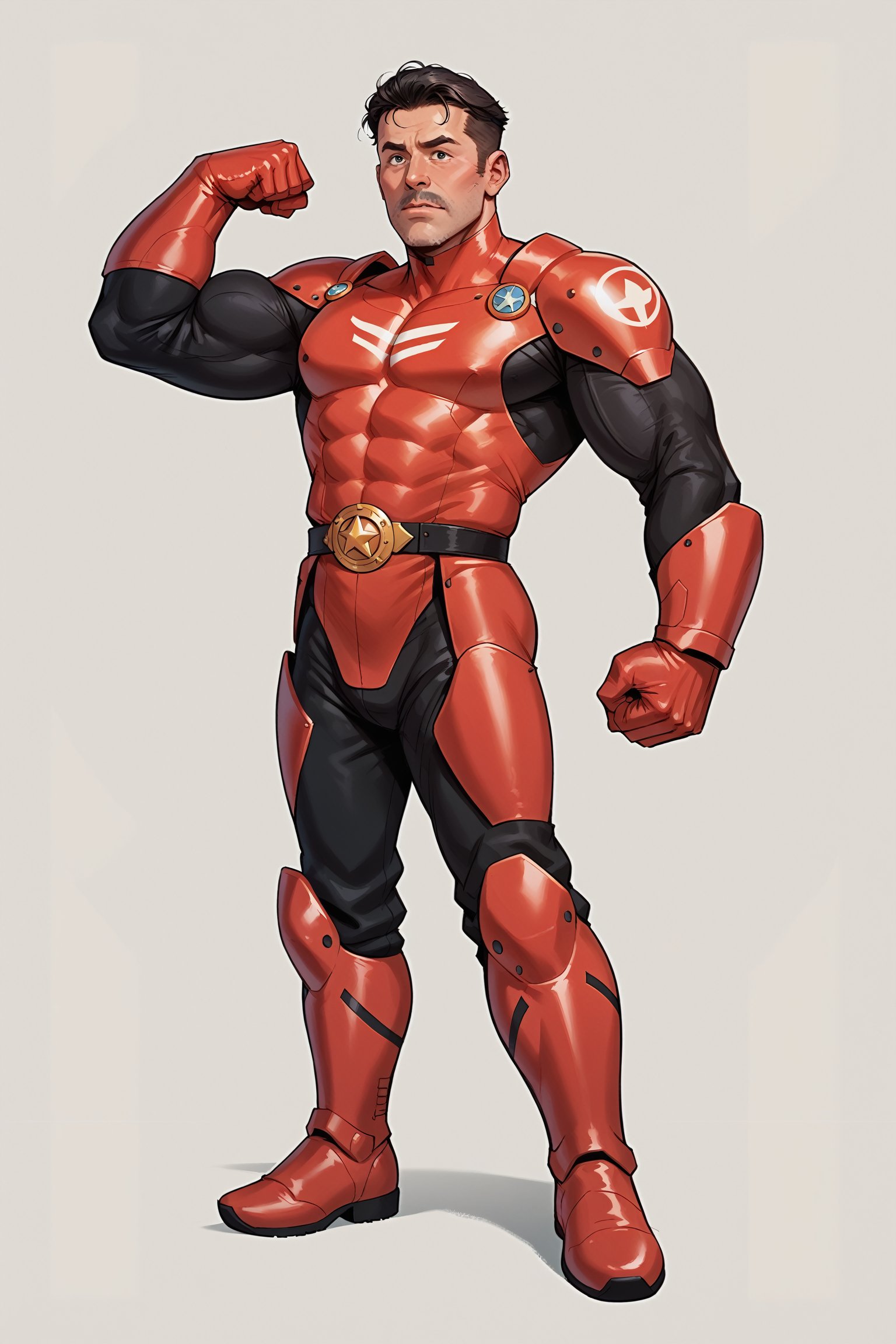 score_9,score_8_up,score_7_up,score_6_up, 1man, red bionic bodysuit (:1.9) hulking muscular male focus (:1.9) flexing arms, large pectorals, detailed biceps, old man, standing (:1.9) full body portrait (:1.9) 300dpi, upscaled 8K, unshaven, masterpiece, finest quality art, perfect anatomy, perfect large hands (:1.9) red gloves and boots (:1.9) blank background, image (:1.9) (red mechsuit armour)