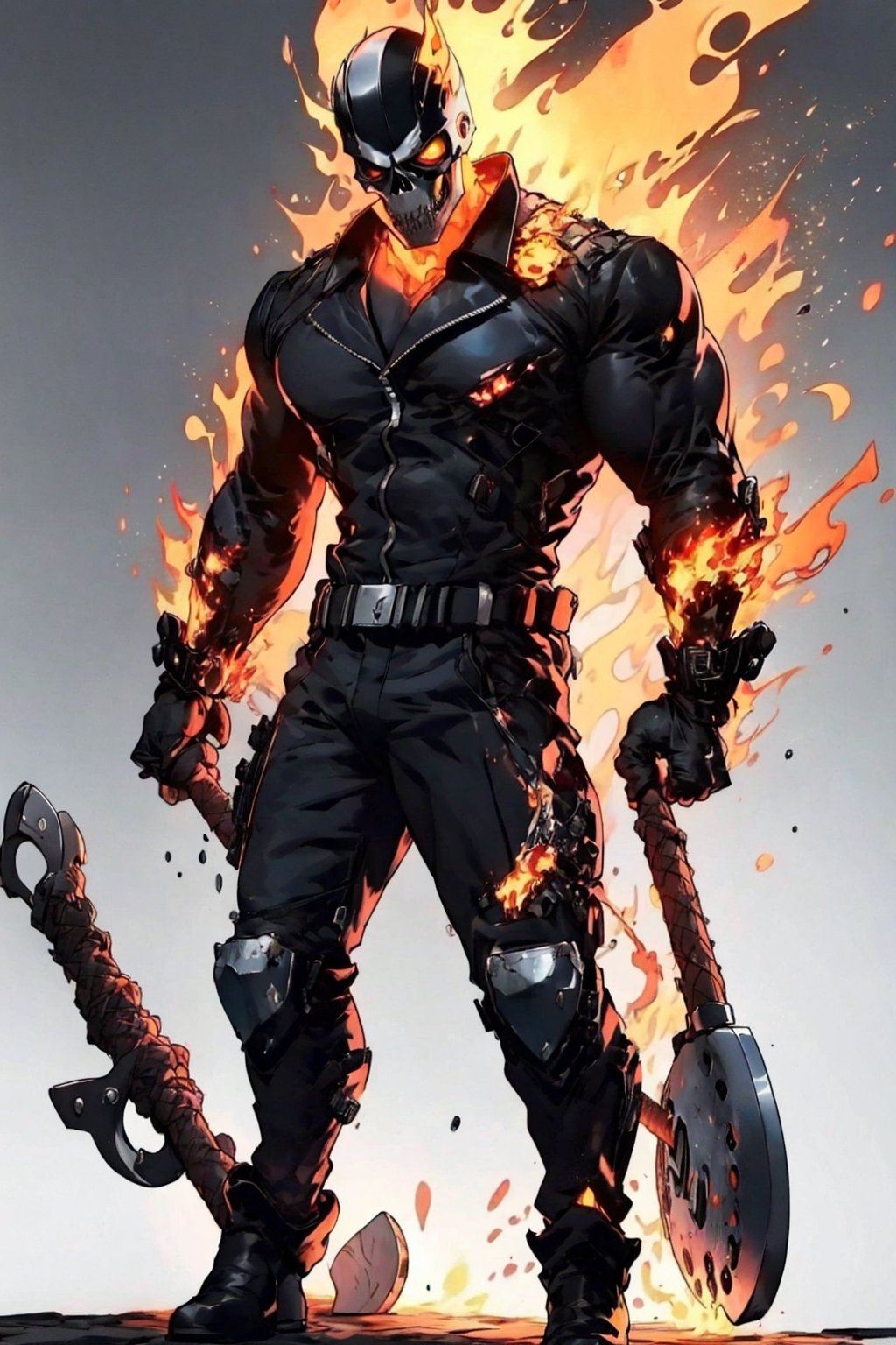 4K UHD illustration,  upscaled professional drawing HDR, Handsome Men, firemen, Pectoral Focus, wearing skull theme helmet (:1.9) , coming from burning forreet, real life, sweat on the chest with hot flame breathe (:1.9) holding an axe (:1.9) intense yellow eyes,  detailed muscular arms,  male focus,  full-body_portrait (:1.9) perfect anatomy,  perfect hands, form fitting flame themed bodysuit (:1.9) 300dpi,  upscaled 8K,  masterpiece (:1.9) finest quality art,  ,ghostrider,