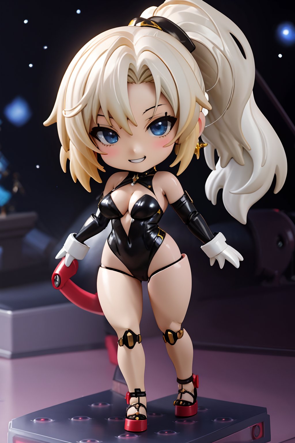 
Highly detailed.High Quality.Masterpiece. Beaitiful , (Nendoroid:1.3)
(large ass:0), (slim thighs:0), (Chibi:1.1),
Young woman, (27 years old:0), good physical condition. Her hair is white-platinum blonde (ponytail). She has big blue eyes. It's the same costume as Black Cat, tight black suit with yellow accents. The gloves of her costume form black claws at the fingertip. She has an voluptuous figure accentuating her natural curves with giant tits. She is alone, but with a happy smile on her face enjoying a beautiful starry sky at the Empire State, (full body:1.3)