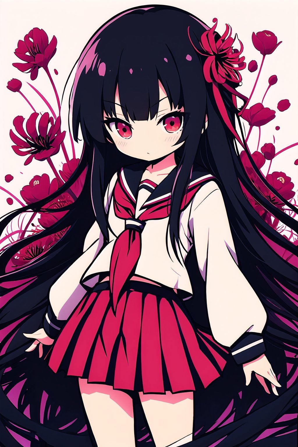 Enma Ai, 1girl, long hair, solo, flower, black hair, red eyes, spider lily, hime cut, school uniform, serafuku, black serafuku, skirt,looking at viewer, sleeves,