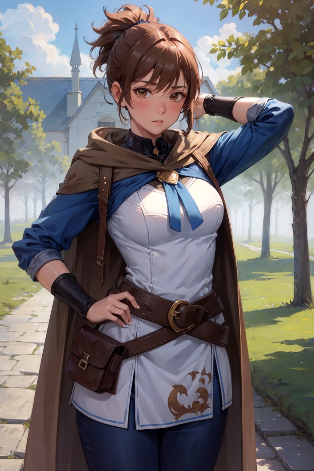 (masterpiece, best quality, ultra-detailed, 8K),High detailed, blush,slim waist,thic hips,pink lips,
dotamarci,marci,
bangs,brown hair,(brown eyes:1.5) ponytail,short ponytail, belt, cape, armor, cloak, pouch, brown belt, belt pouch, looking at viewer,outdoors,
satchel,
hand behind head,masterpiece