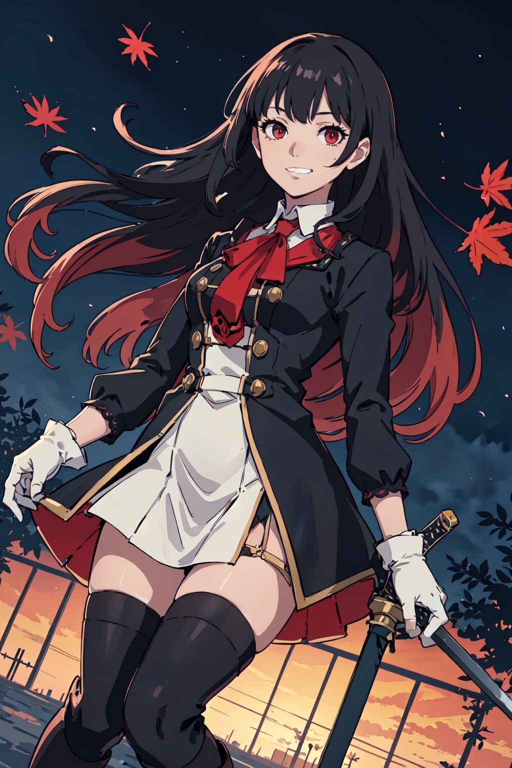 4k, high quality, masterpiece, beautiflu girl, (princess knight)++, black hair, red eyes, long sleeves, (holding western sword)++, rainny background, fantasy, impish grin, dutch angle, outside, nature, leaves in wind, white gloves, outdoors, not expression, wind+, thighhighs under boots, lace trim, ero, dress with slit, long hair, cool beauty, night background 