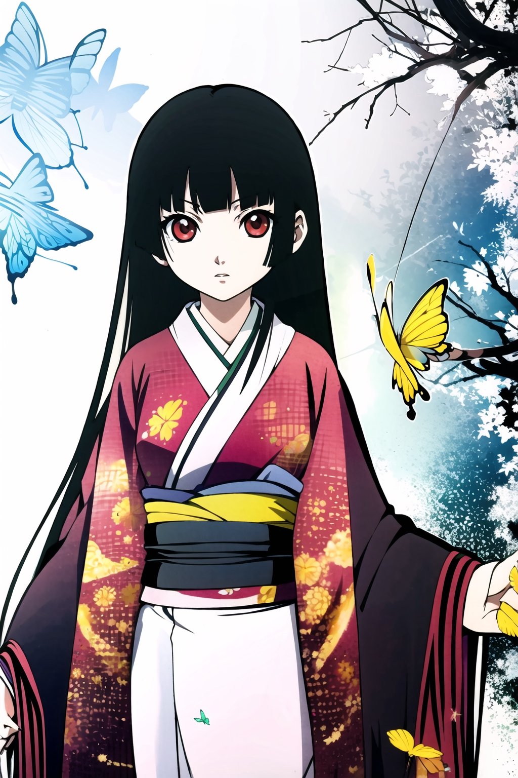 Enma Ai, 1girl, solo, japanese clothes, long hair, butterfly, bug, black hair, kimono, hime cut, bangs, bracelet, blunt bangs, jewelry, black kimono, red eyes,  ,line anime