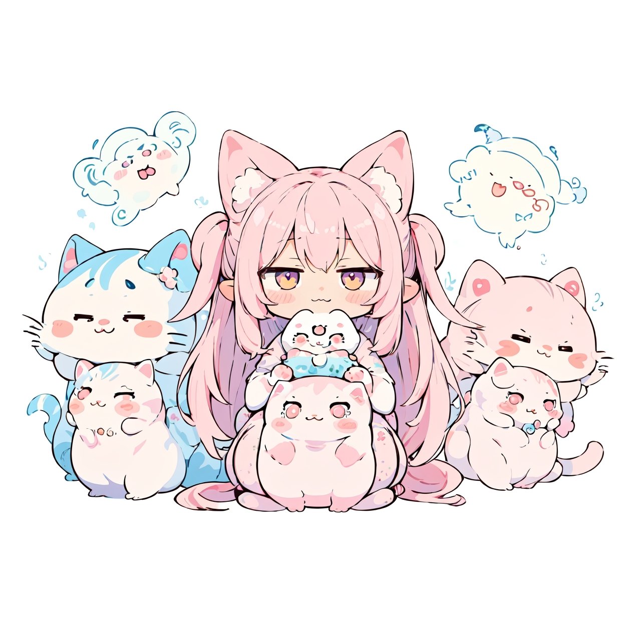 absurdres, highres, (cute masterpiece,(kawaii illustration:1.5),(absurdres:1.5),
(illustration:1.2), (fuwafuwa illustration:1.3),
1girl,4cats,