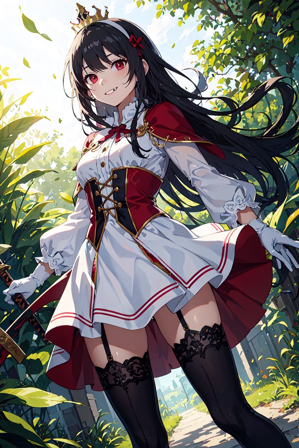 4k, high quality, masterpiece, beautiflu girl, (princess knight)++, black hair, red eyes, long sleeves, (holding western sword)++, rainny background, fantasy, impish grin, dutch angle, outside, nature, leaves in wind, white gloves, outdoors, not expression, wind+, thighhighs under boots, lace trim, ero, dress with slit, long hair, cool beauty, night background ,masterpiece