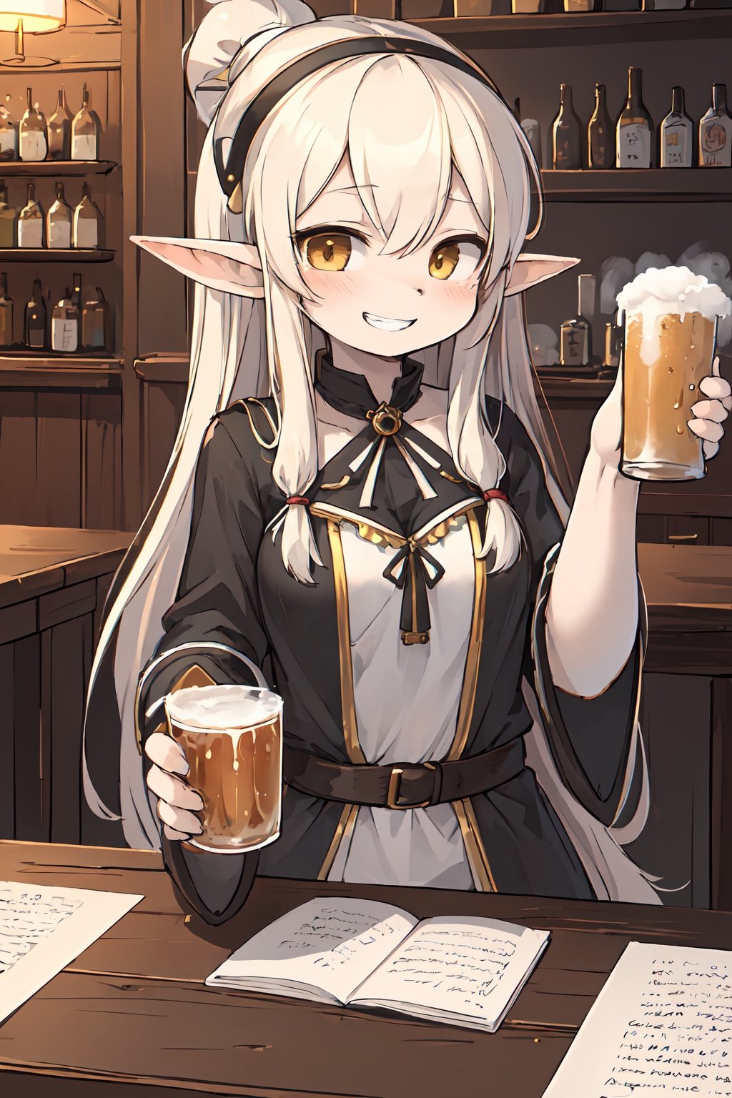 (masterpiece, best quality, highres:1.3), ultra resolution image, niji, sketch, manga, 1girl, upper body, holding_cup, beer, cafe, grin, very_long_hair, elf, pale_skin, pirates