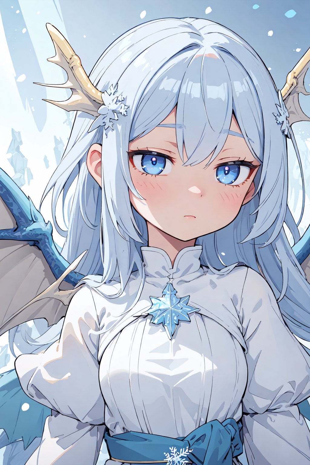 ((best quality)), ((masterpiece)), ((ultra-detailed)), extremely detailed CG, (illustration), ((detailed light)), (an extremely delicate and beautiful), a girl, solo, ((upper body,)), ((cute face)), expressionless, (beautiful detailed eyes), blue dragon eyes, (Vertical pupil:1.2), white hair, shiny hair, colored inner hair, (Dragonwings:1.4), [Armor_dress], blue wings, blue_hair ornament, ice adorns hair, [dragon horn], depth of field, [ice crystal], (snowflake), [loli], [[[[[Jokul]]]]]