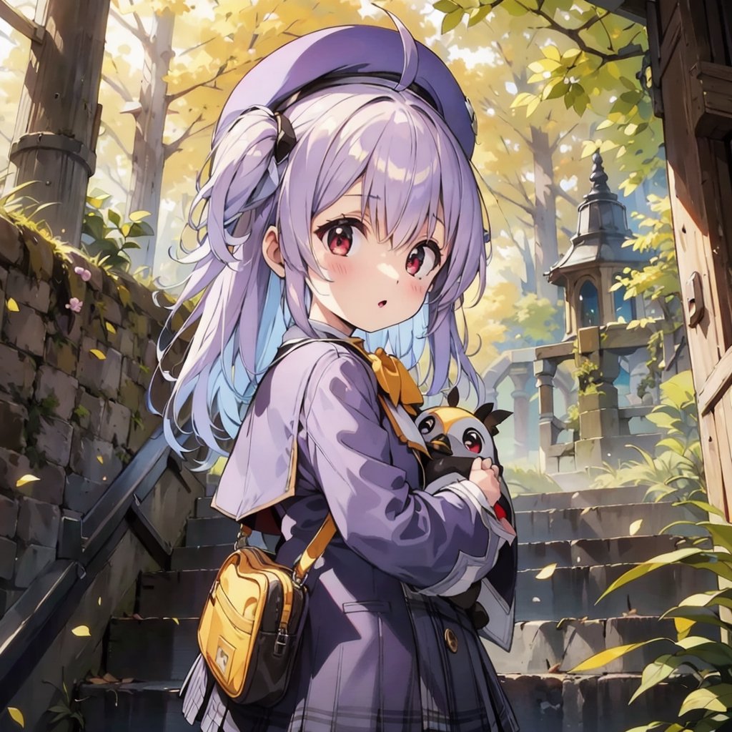 masterpiece,illustration,ray tracing,finely detailed,best detailed,Clear picture,intricate details,highlight,
anime,
gothic architecture,
looking at viewer,

nature,gothic architecture,bird,the lakeside in the heart of the forest,the staircase of the balcony,

NikkeRei,
1girl,loli,baby,long hair,hat,light purple hair,
yellow bow,yellow bag,skirt,upper body,
NikkePenguin,