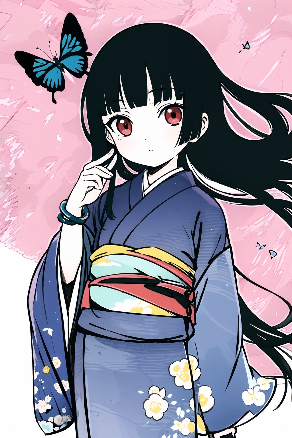 Enma Ai, 1girl, solo, japanese clothes, long hair, butterfly, bug, black hair, kimono, hime cut, bangs, bracelet, blunt bangs, jewelry, black kimono, red eyes,  ,line anime,best quality