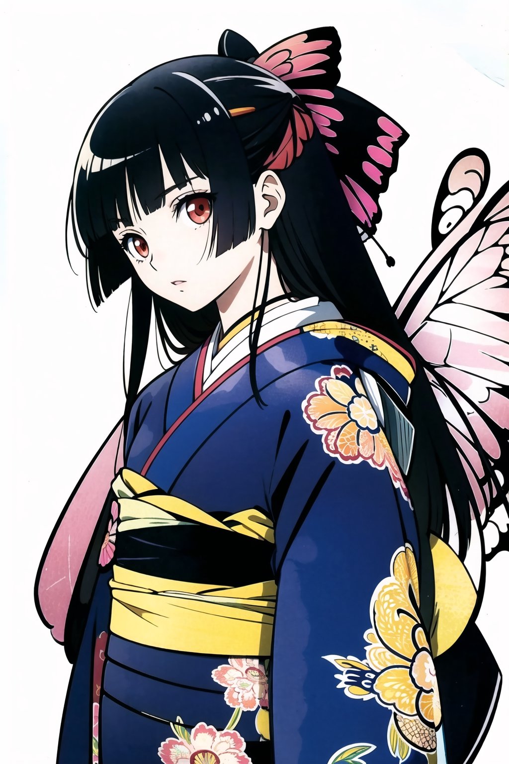 Enma Ai, 1girl, solo, japanese clothes, long hair, butterfly, bug, black hair, kimono, hime cut, bangs, bracelet, blunt bangs, jewelry, black kimono, red eyes,  ,line anime