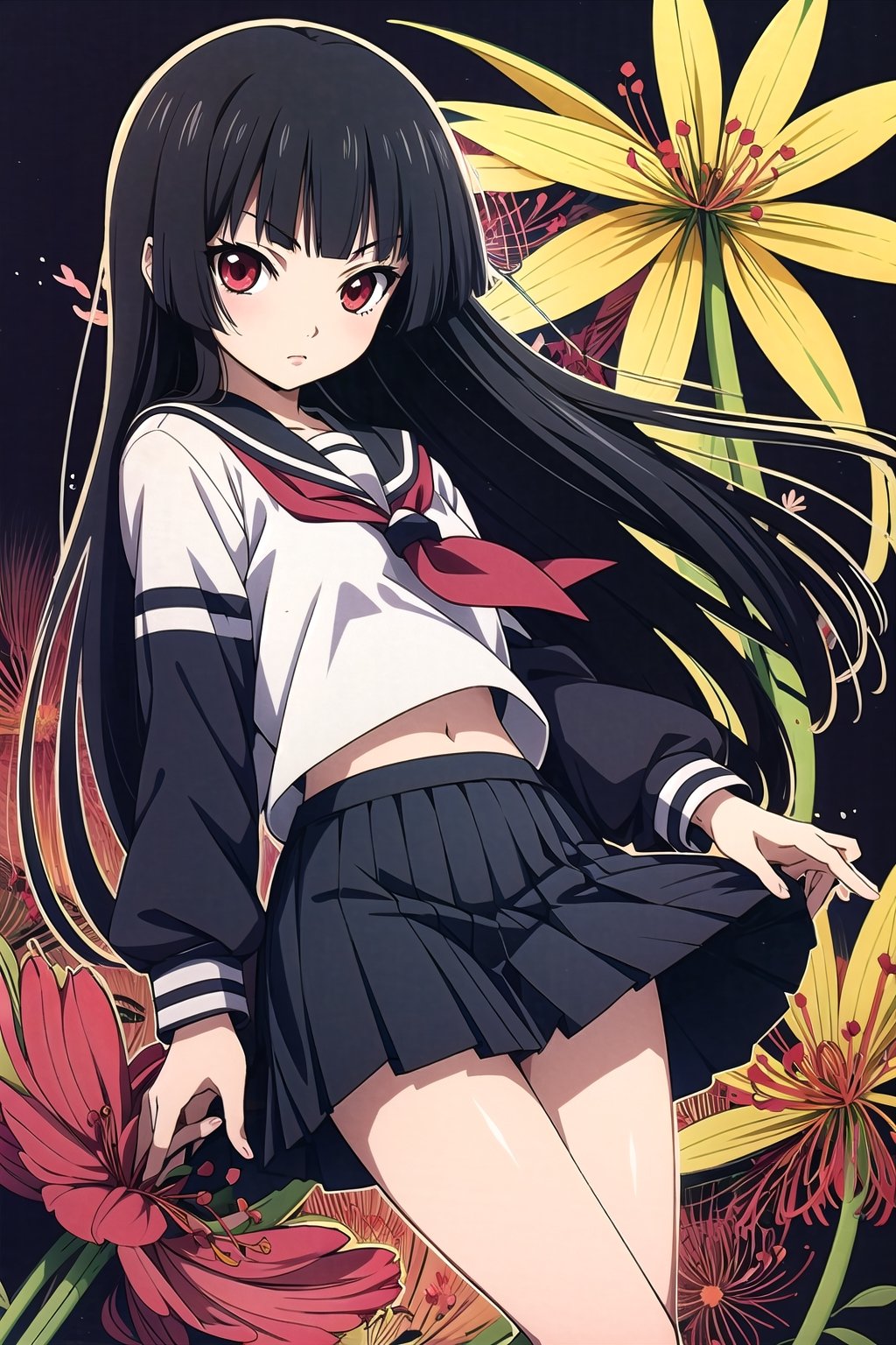 Enma Ai, 1girl, long hair, solo, flower, black hair, red eyes, spider lily, hime cut, school uniform, serafuku, black serafuku, skirt,looking at viewer, sleeves,