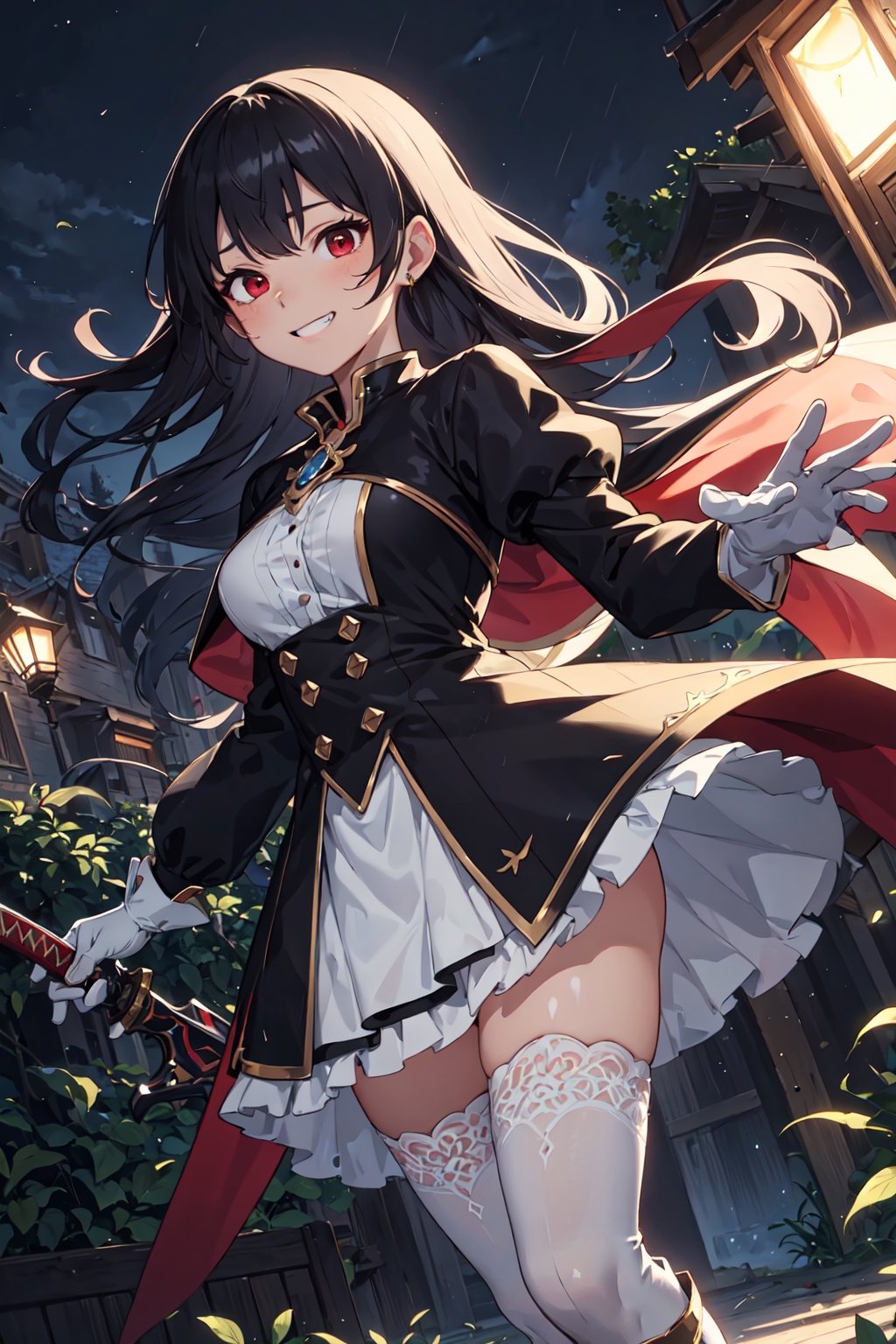 4k, high quality, masterpiece, beautiflu girl, (princess knight)++, black hair, red eyes, long sleeves, (holding western sword)++, rainny background, fantasy, impish grin, dutch angle, outside, nature, leaves in wind, white gloves, outdoors, not expression, wind+, thighhighs under boots, lace trim, ero, dress with slit, long hair, cool beauty, night background 