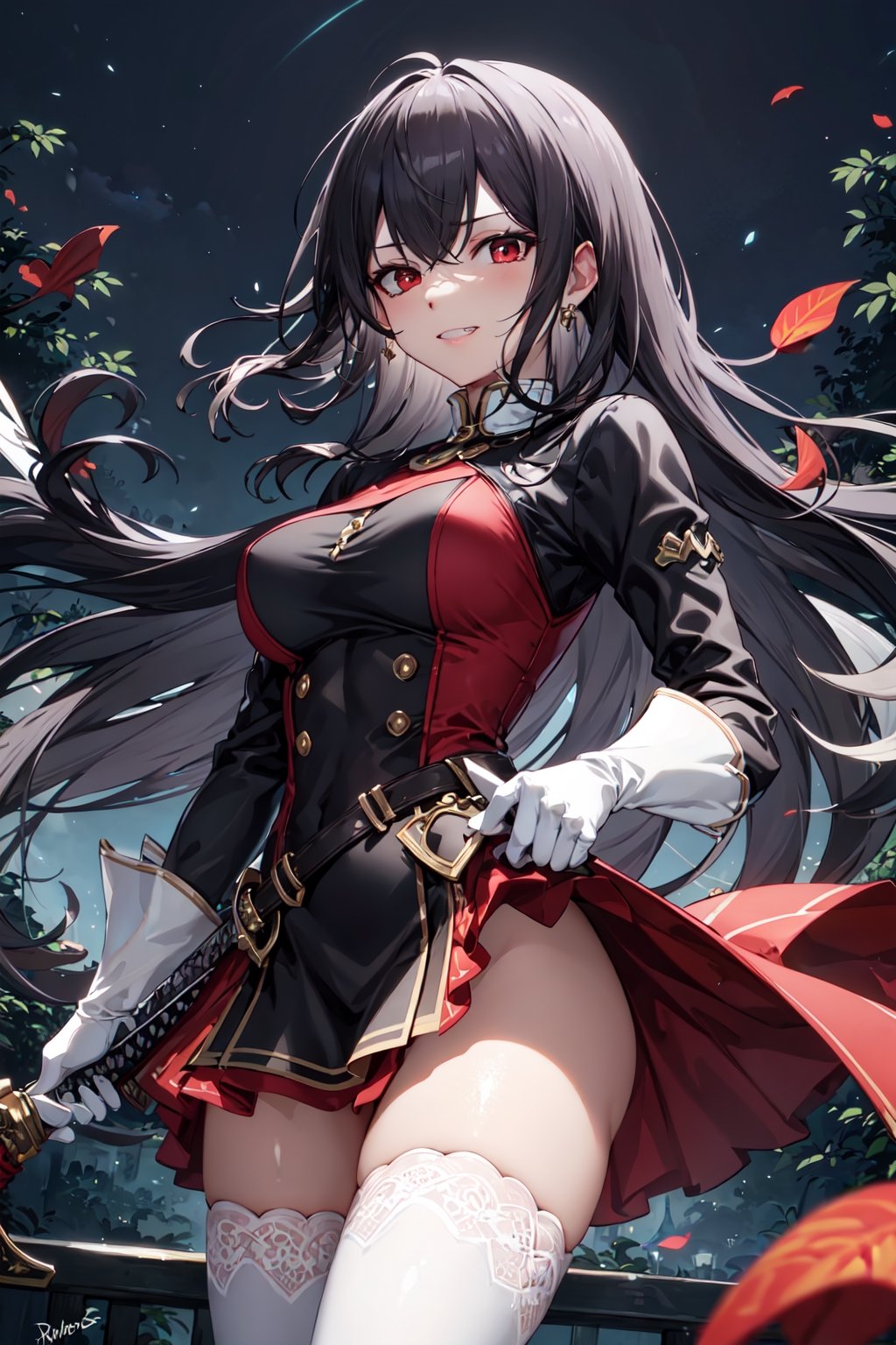 4k, high quality, masterpiece, beautiflu girl, (princess knight)++, black hair, red eyes, long sleeves, (holding western sword)++, rainny background, fantasy, impish grin, dutch angle, outside, nature, leaves in wind, white gloves, outdoors, not expression, wind+, thighhighs under boots, lace trim, ero, dress with slit, long hair, cool beauty, night background 