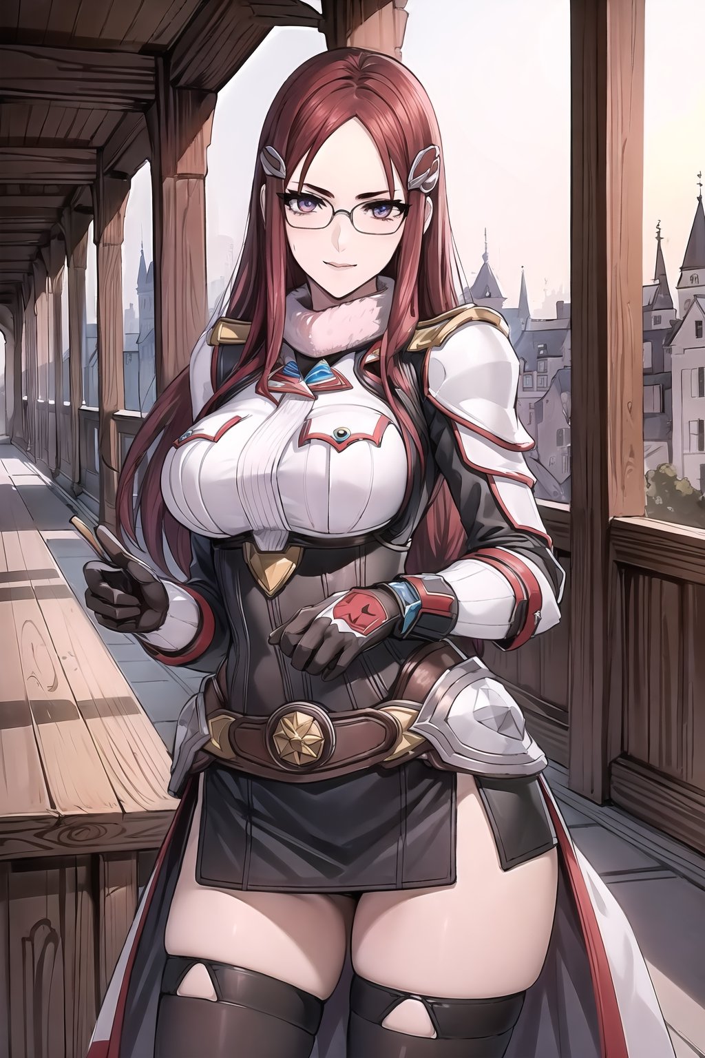 (masterpiece),illustration,8k,ray tracing,finely detailed,best detailed,Clear picture,highlight,

matrue female,milf,
tsurime eyes,
oval face,

gothic architecture,
looking at viewer,
medium breasts,

Minerva_Victor, forehead, red_hair, long_hair, very_long_hair, glasses, hair_clip, cowboy shot, white military_uniform, Winter_Clothing, long sleeves, thighhighs, fur, armor, single pauldron,fingerless gloves, skirt, Lean forward, hands placed on the back,