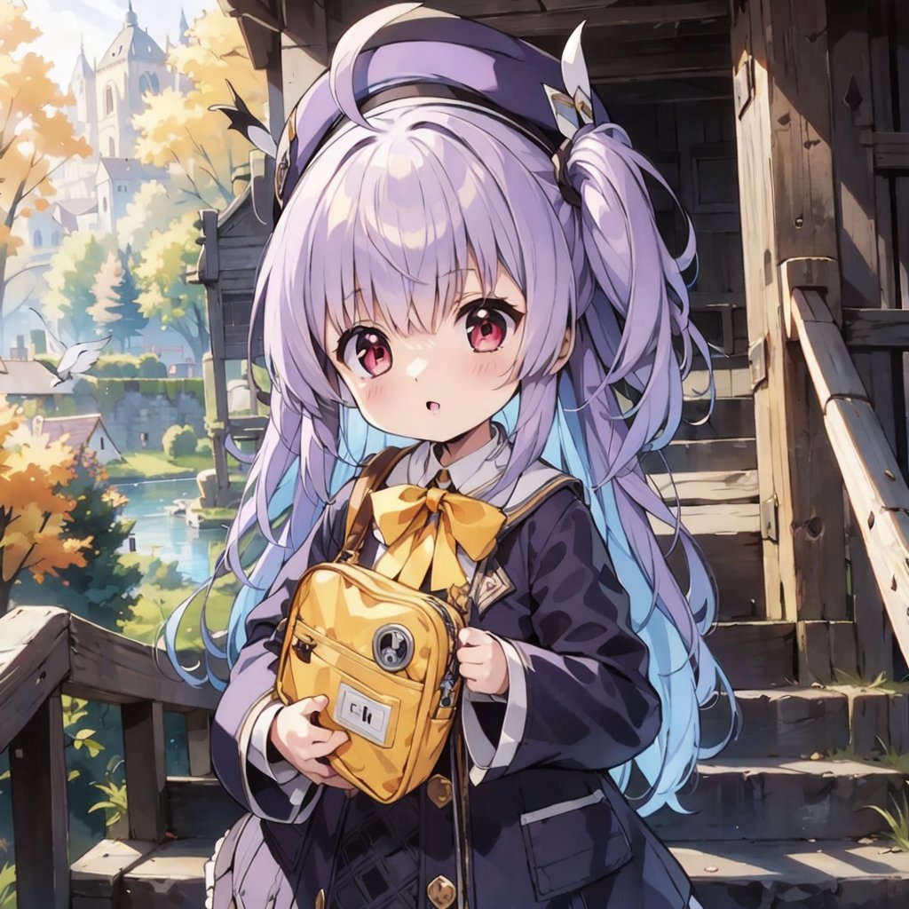 masterpiece,illustration,ray tracing,finely detailed,best detailed,Clear picture,intricate details,highlight,
anime,
gothic architecture,
looking at viewer,

nature,gothic architecture,bird,the lakeside in the heart of the forest,the staircase of the balcony,

NikkeRei,
1girl,loli,baby,long hair,hat,light purple hair,
yellow bow,yellow bag,skirt,upper body,
NikkePenguin,Penguin,