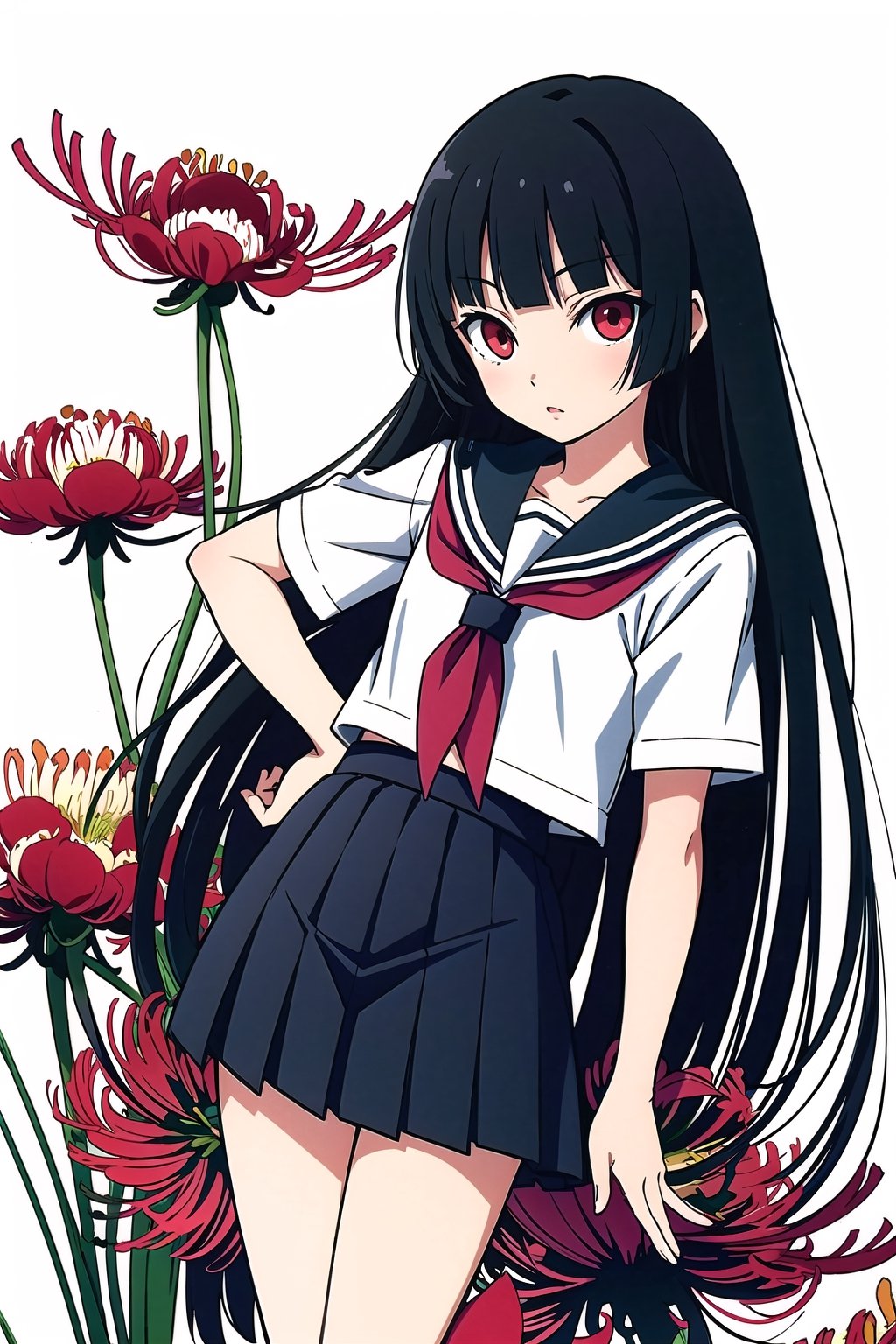 Enma Ai, 1girl, long hair, solo, flower, black hair, red eyes, spider lily, hime cut, school uniform, serafuku, black serafuku, skirt,looking at viewer,hand on hip,