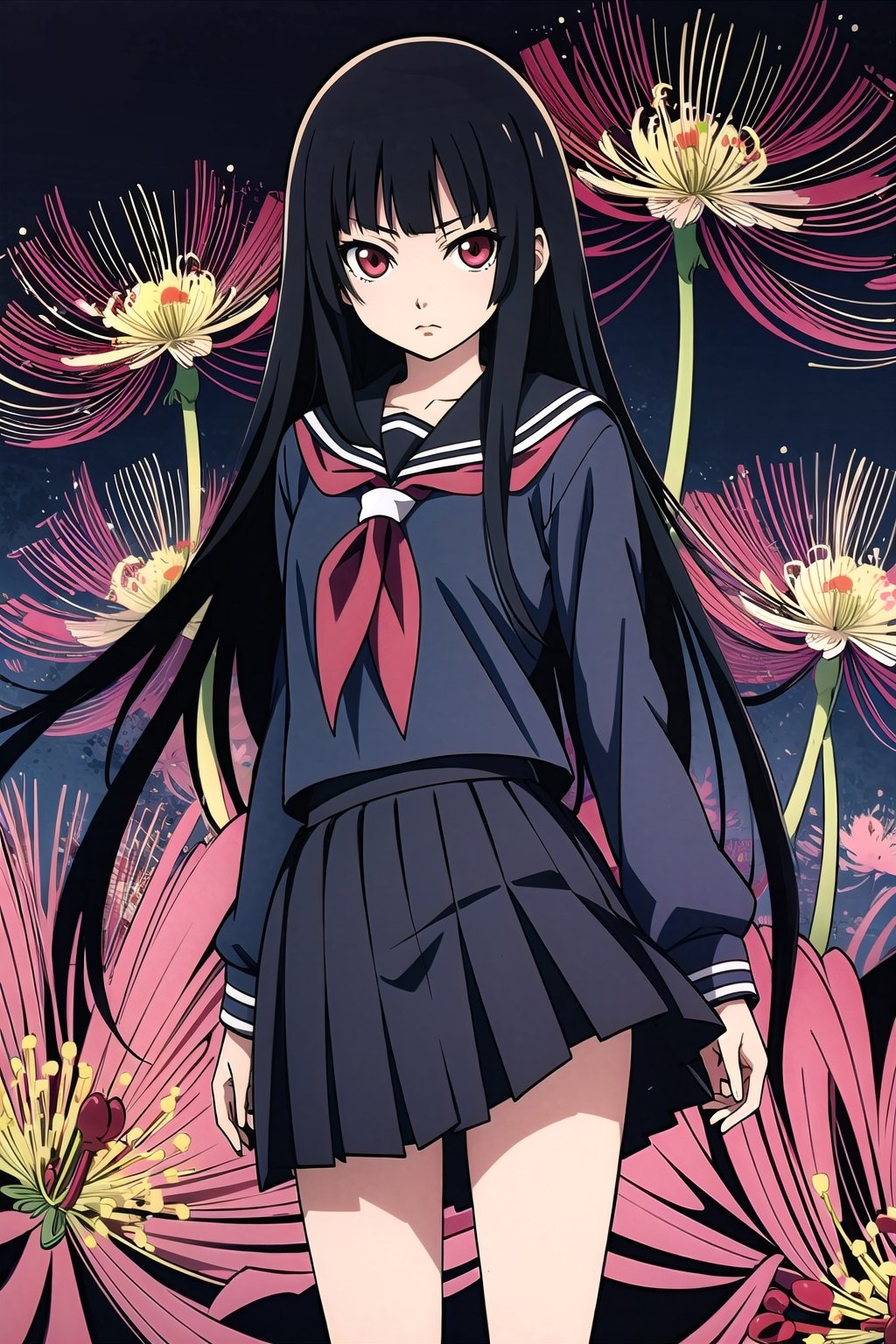 Enma Ai, 1girl, long hair, solo, flower, black hair, red eyes, spider lily, hime cut, school uniform, serafuku, black serafuku, skirt,looking at viewer,