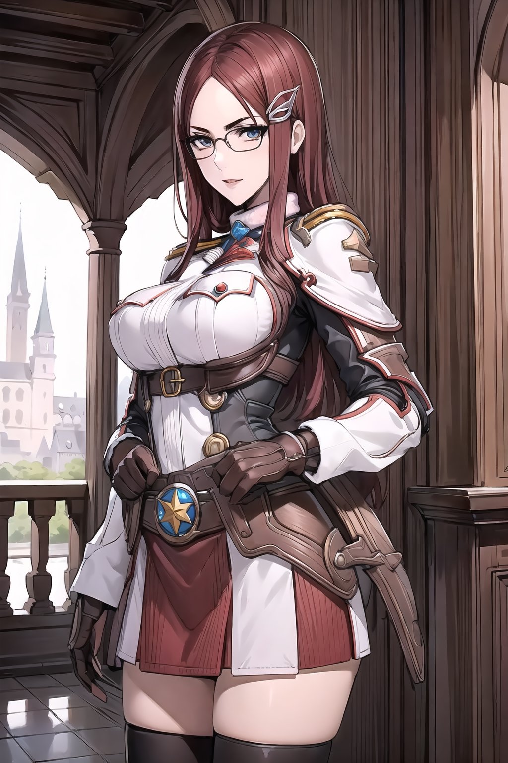 (masterpiece),illustration,8k,ray tracing,finely detailed,best detailed,Clear picture,highlight,

matrue female,milf,
tsurime eyes,
oval face,

gothic architecture,
looking at viewer,
medium breasts,

Minerva_Victor, forehead, red_hair, long_hair, very_long_hair, glasses, hair_clip, cowboy shot, white military_uniform, Winter_Clothing, long sleeves, thighhighs, fur, armor, pauldron,fingerless gloves, skirt, Lean forward, hands placed on the back,