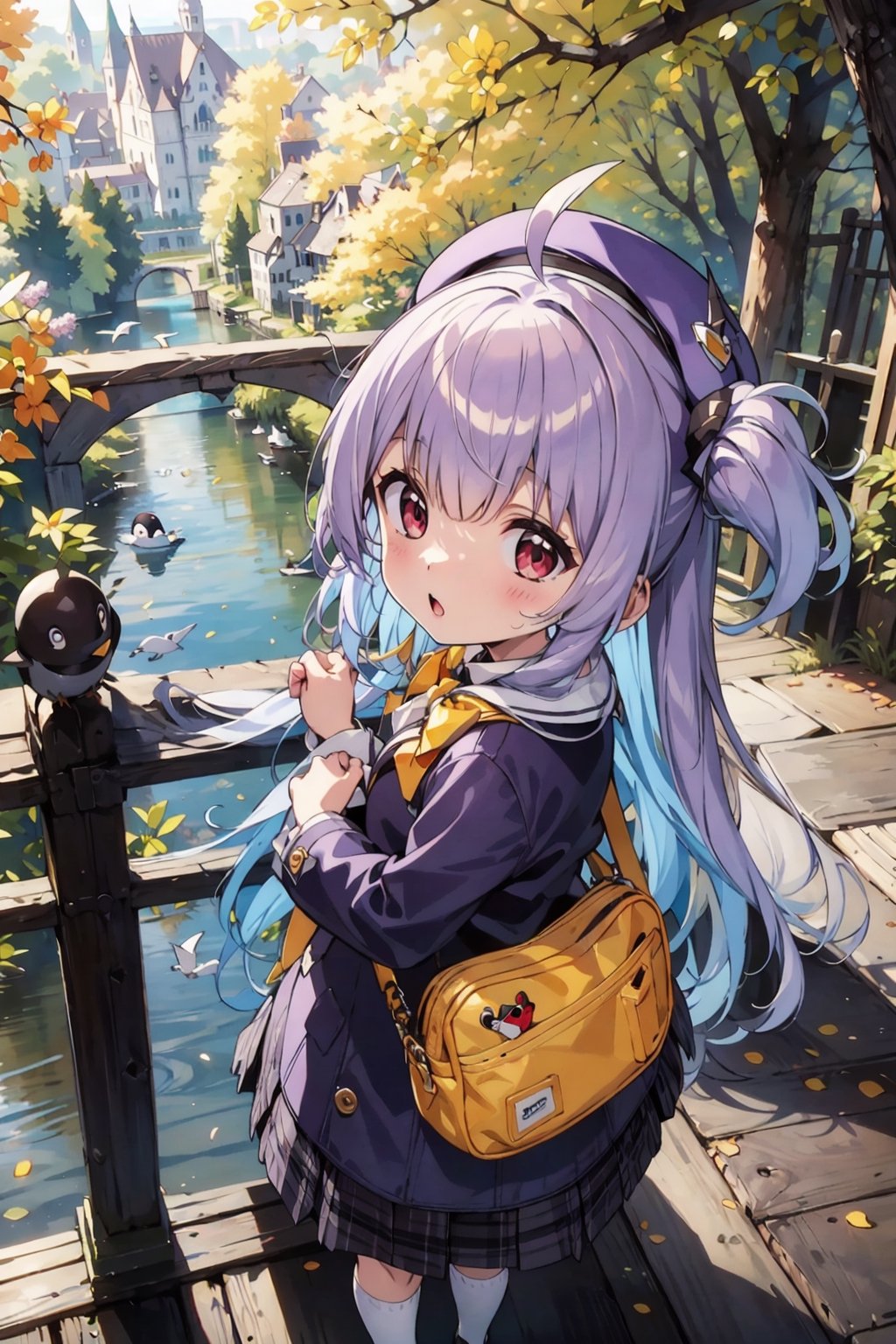 masterpiece,illustration,ray tracing,finely detailed,best detailed,Clear picture,intricate details,highlight,
anime,
gothic architecture,
looking at viewer,

nature,gothic architecture,bird,the lakeside in the heart of the forest,the staircase of the balcony,

NikkeRei,
1girl,loli,baby,long hair,hat,purple hair,
yellow bow,yellow bag,skirt, cowboy shot,
NikkePenguin,
from above,
sitting,koitosc,petite