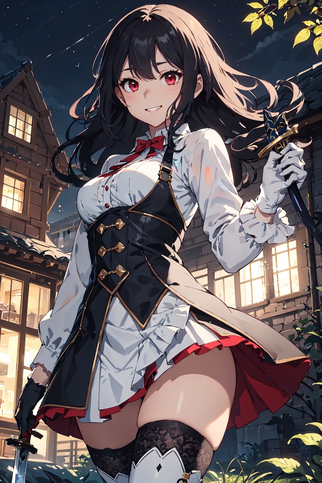 4k, high quality, masterpiece, beautiflu girl, (princess knight)++, black hair, red eyes, long sleeves, (holding western sword)++, rainny background, fantasy, impish grin, dutch angle, outside, nature, leaves in wind, white gloves, outdoors, not expression, wind+, thighhighs under boots, lace trim, ero, dress with slit, long hair, cool beauty, night background 