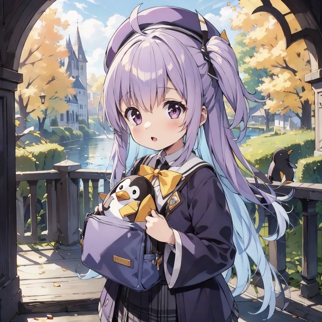 masterpiece,illustration,ray tracing,finely detailed,best detailed,Clear picture,intricate details,highlight,
anime,
gothic architecture,
looking at viewer,

nature,gothic architecture,bird,the lakeside in the heart of the forest,the staircase of the balcony,

NikkeRei,
1girl,loli,baby,long hair,hat,light purple hair,
yellow bow,yellow bag,skirt,upper body,
NikkePenguin,Penguin,