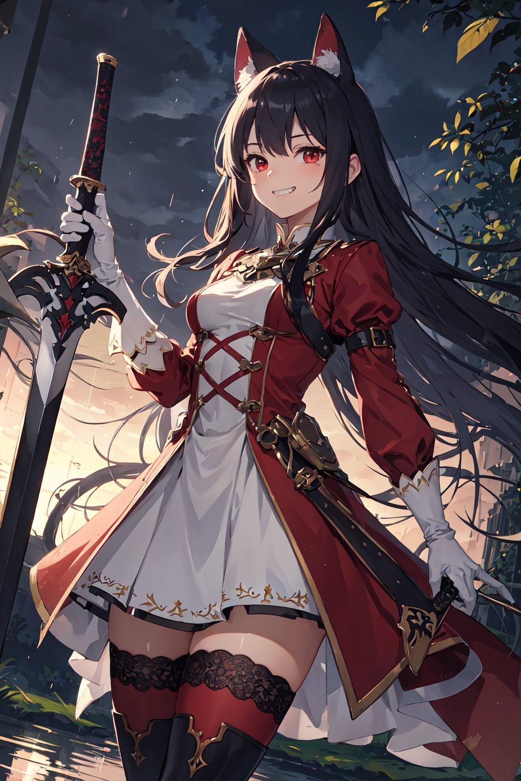 4k, high quality, masterpiece, beautiflu girl, (princess knight)++, black hair, red eyes, long sleeves, (holding western sword)++, rainny background, fantasy, impish grin, dutch angle, outside, nature, leaves in wind, white gloves, outdoors, not expression, wind+, thighhighs under boots, lace trim, ero, dress with slit, long hair, cool beauty, night background 