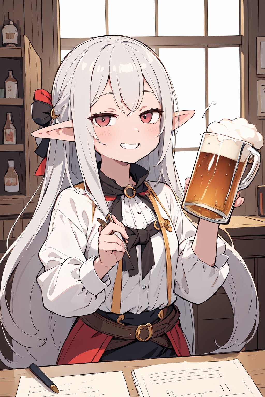 (masterpiece, best quality, highres:1.3), ultra resolution image, niji, sketch, manga, 1girl, upper body, holding_cup, beer, cafe, grin, very_long_hair, elf, pale_skin, pirates