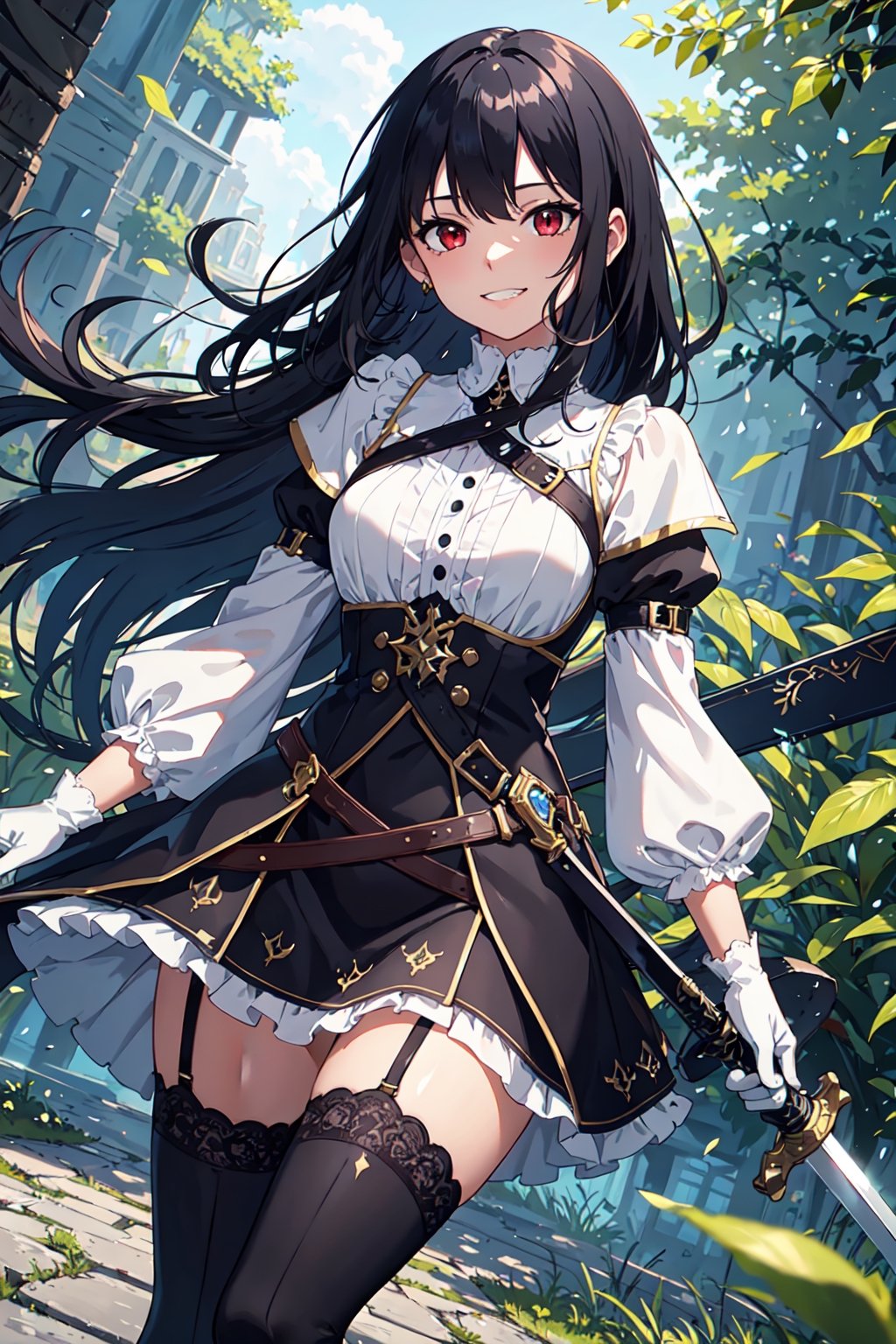 4k, high quality, masterpiece, beautiflu girl, (princess knight)++, black hair, red eyes, long sleeves, (holding western sword)++, rainny background, fantasy, impish grin, dutch angle, outside, nature, leaves in wind, white gloves, outdoors, not expression, wind+, thighhighs under boots, lace trim, ero, dress with slit, long hair, cool beauty, night background ,masterpiece