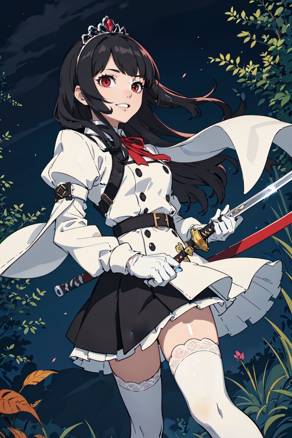 4k, high quality, masterpiece, beautiflu girl, (princess knight)++, black hair, red eyes, long sleeves, (holding western sword)++, rainny background, fantasy, impish grin, dutch angle, outside, nature, leaves in wind, white gloves, outdoors, not expression, wind+, thighhighs under boots, lace trim, ero, dress with slit, long hair, cool beauty, night background 