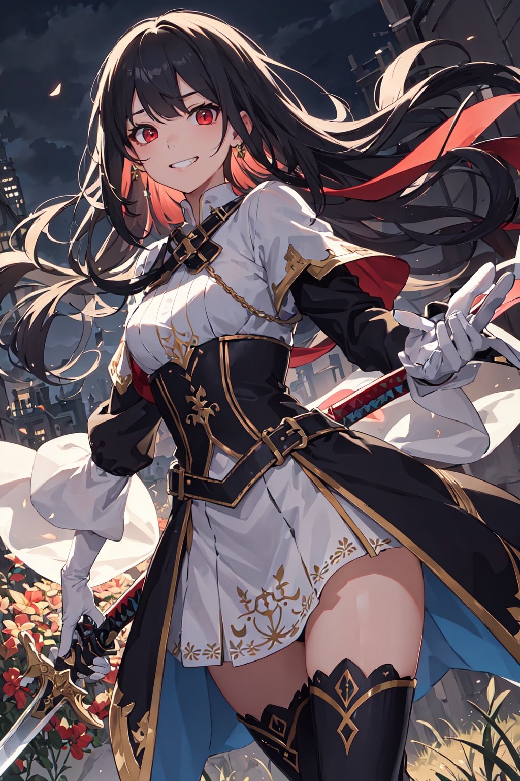 4k, high quality, masterpiece, beautiflu girl, (princess knight)++, black hair, red eyes, long sleeves, (holding western sword)++, rainny background, fantasy, impish grin, dutch angle, outside, nature, leaves in wind, white gloves, outdoors, not expression, wind+, thighhighs under boots, lace trim, ero, dress with slit, long hair, cool beauty, night background 