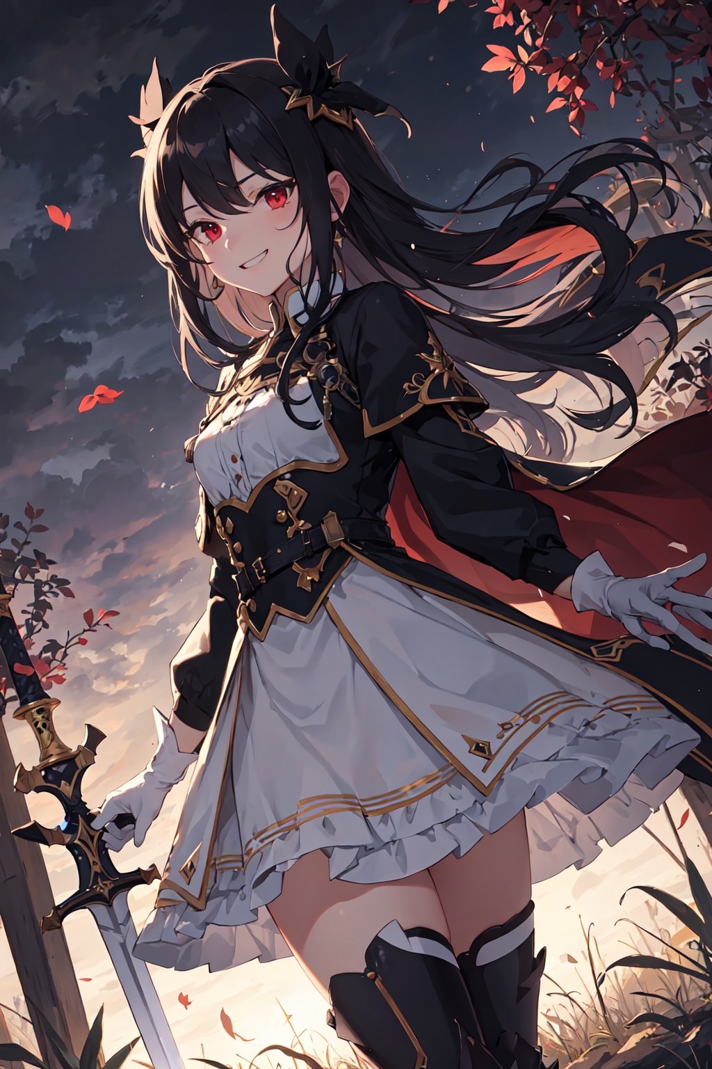 4k, high quality, masterpiece, beautiflu girl, (princess knight)++, black hair, red eyes, long sleeves, (holding western sword)++, rainny background, fantasy, impish grin, dutch angle, outside, nature, leaves in wind, white gloves, outdoors, not expression, wind+, thighhighs under boots, lace trim, ero, dress with slit, long hair, cool beauty, night background 