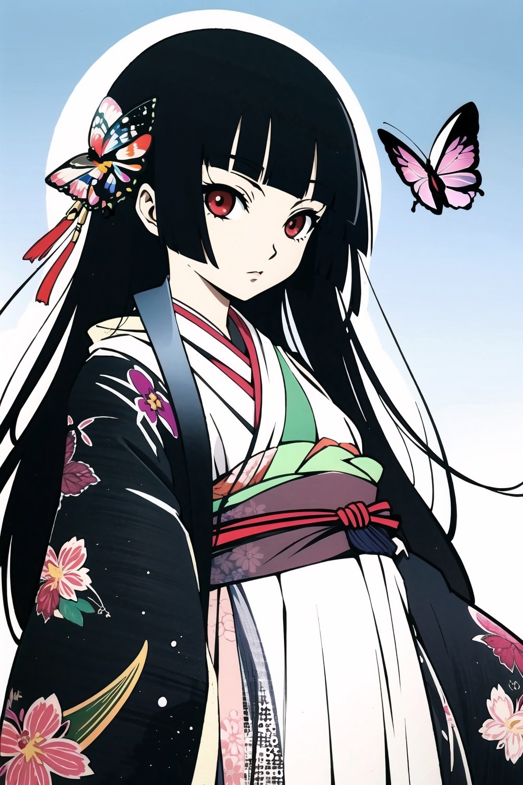 Enma Ai, 1girl, solo, japanese clothes, long hair, butterfly, bug, black hair, kimono, hime cut, bangs, bracelet, blunt bangs, jewelry, black kimono, red eyes,  ,line anime